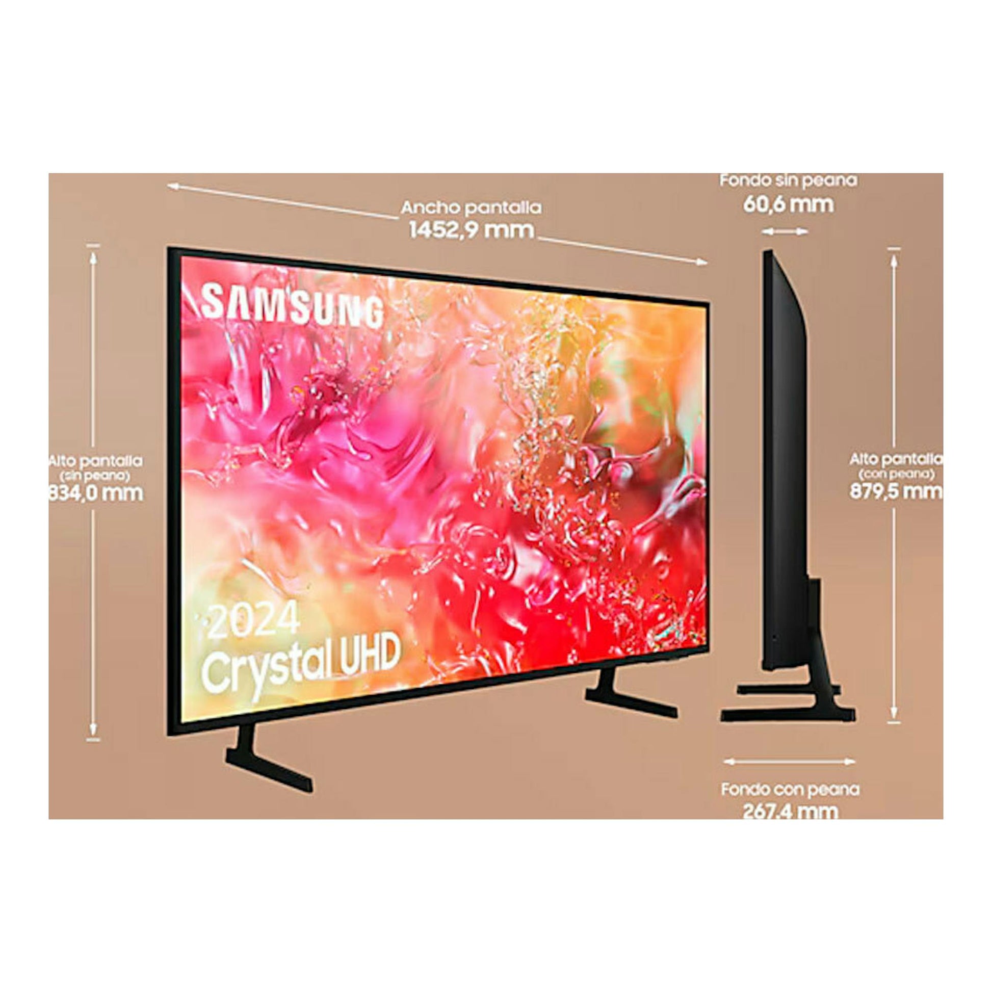 TV Samsung TU65DU7105KXXC, vista frontal y lateral, negra, con medidas de pantalla y fondo indicadas.