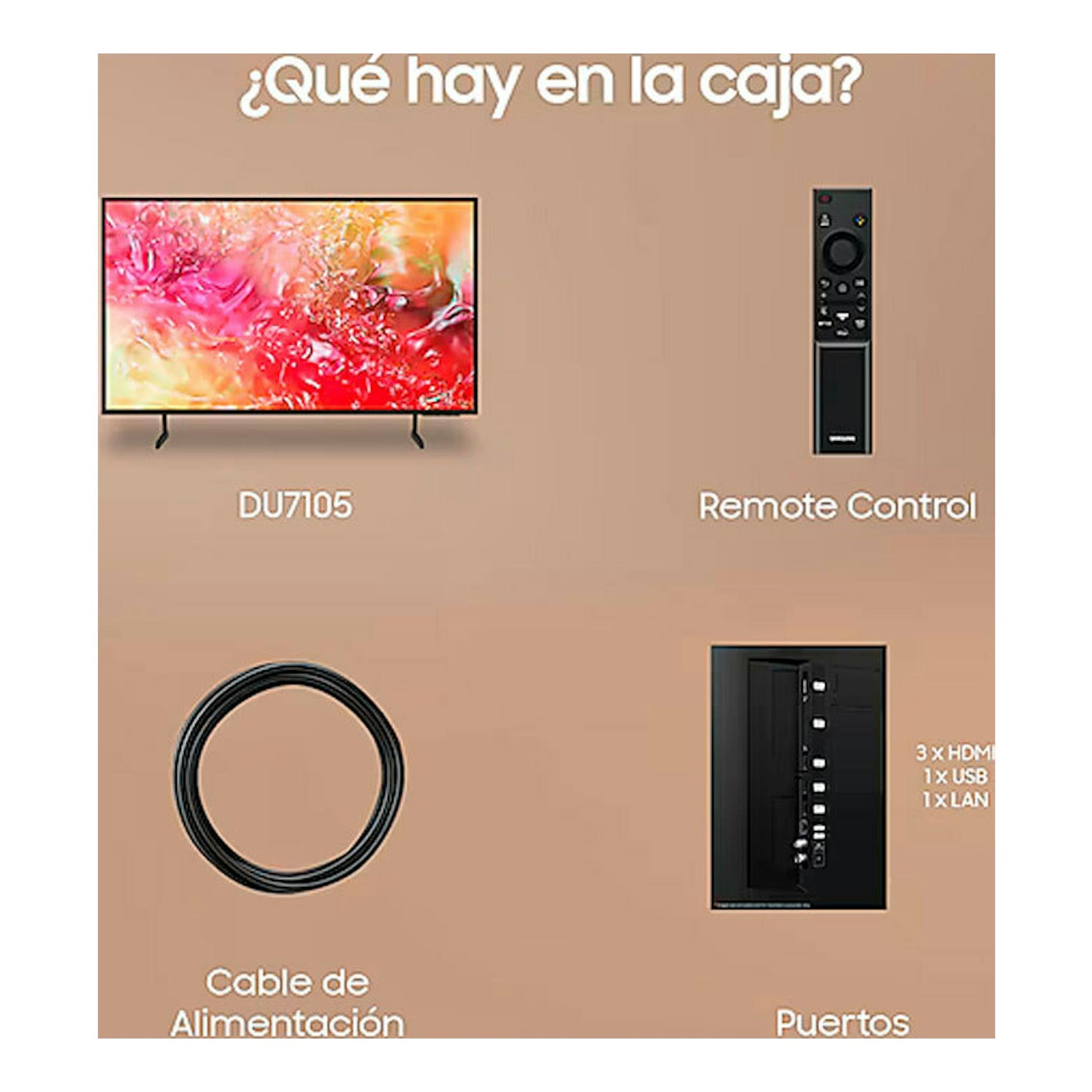 Infografía de Samsung TU65DU7105KXXC con TV, mando a distancia, cable de alimentación y puertos.