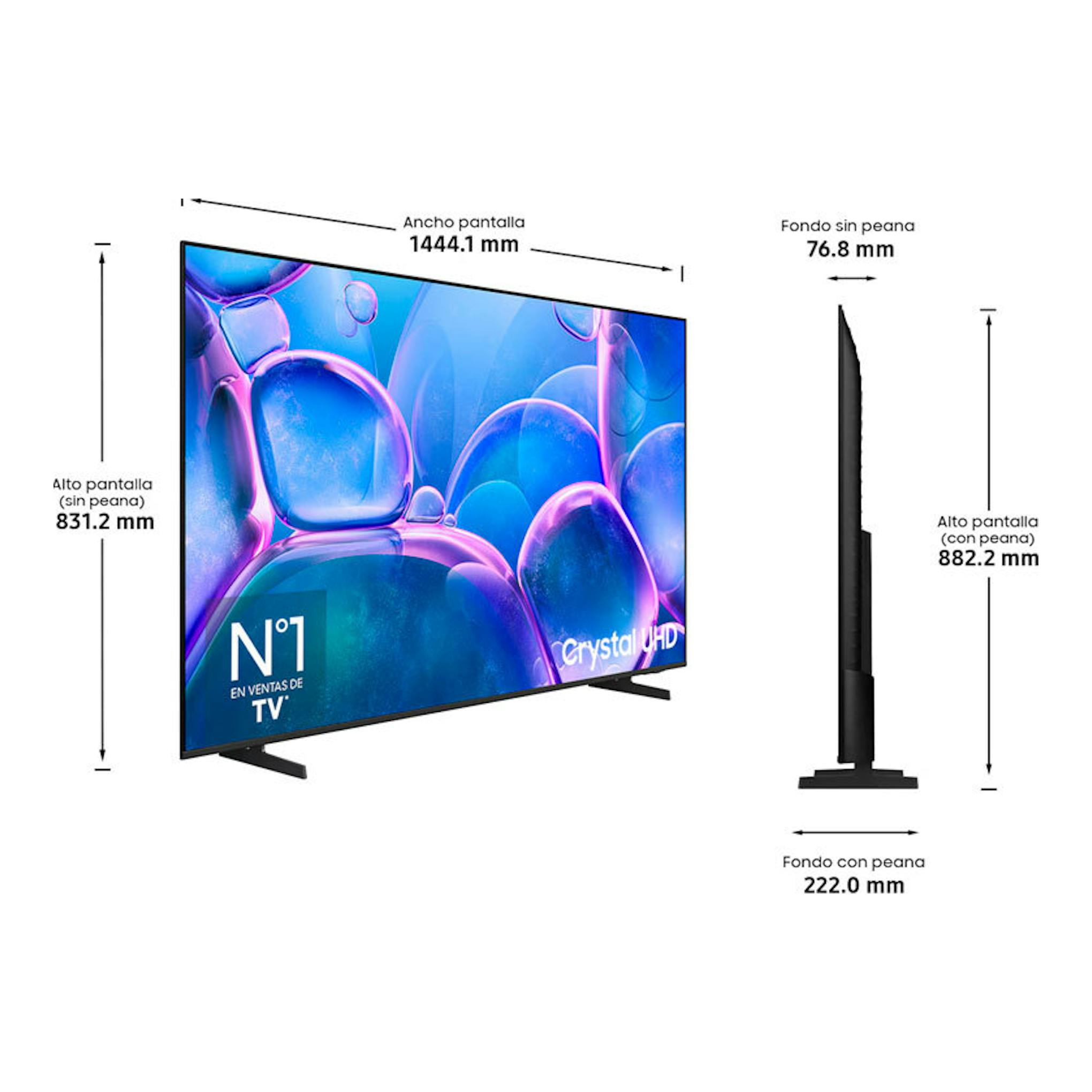 Samsung TU65U7025FKXXC Crystal UHD TV en vista frontal y lateral, con medidas de pantalla y peana.