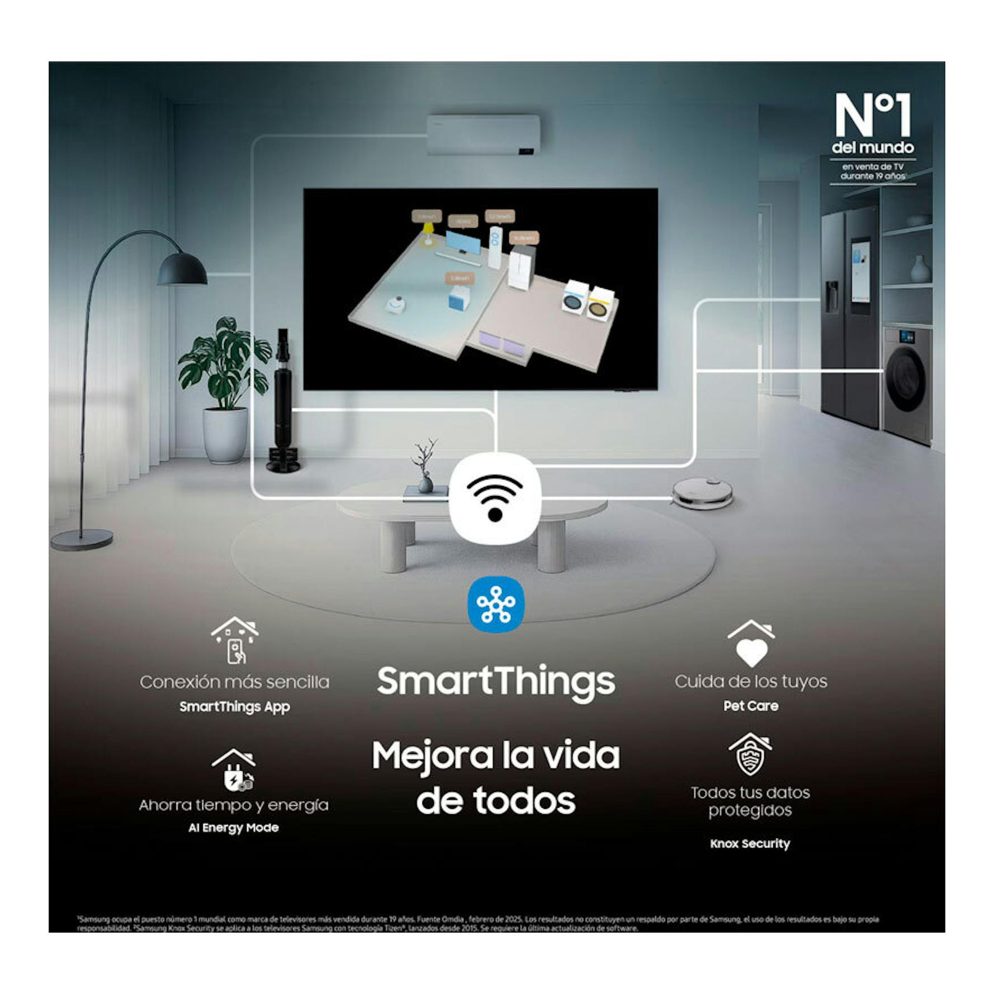 TV Samsung TU65U7025FKXXC LED 4K de 65 pulgadas, vista frontal en pared, en salón moderno.