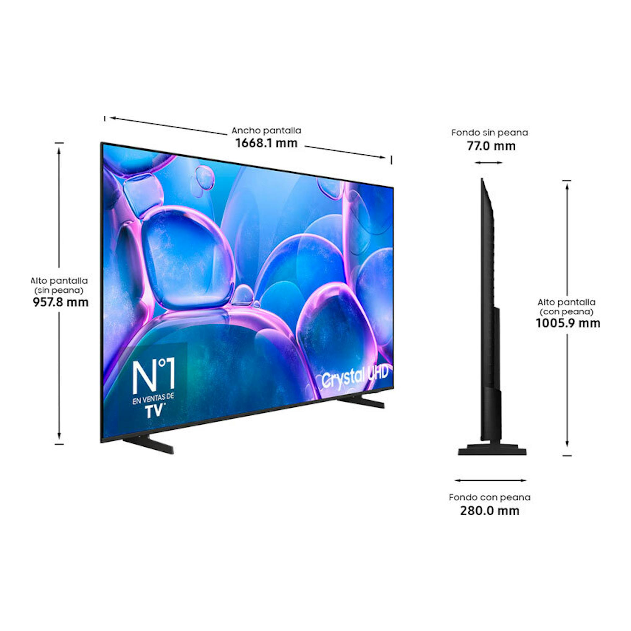 Samsung TU75U7025FKXXC, TV LED 4K de 75”, vista frontal y lateral con medidas del panel y la peana.