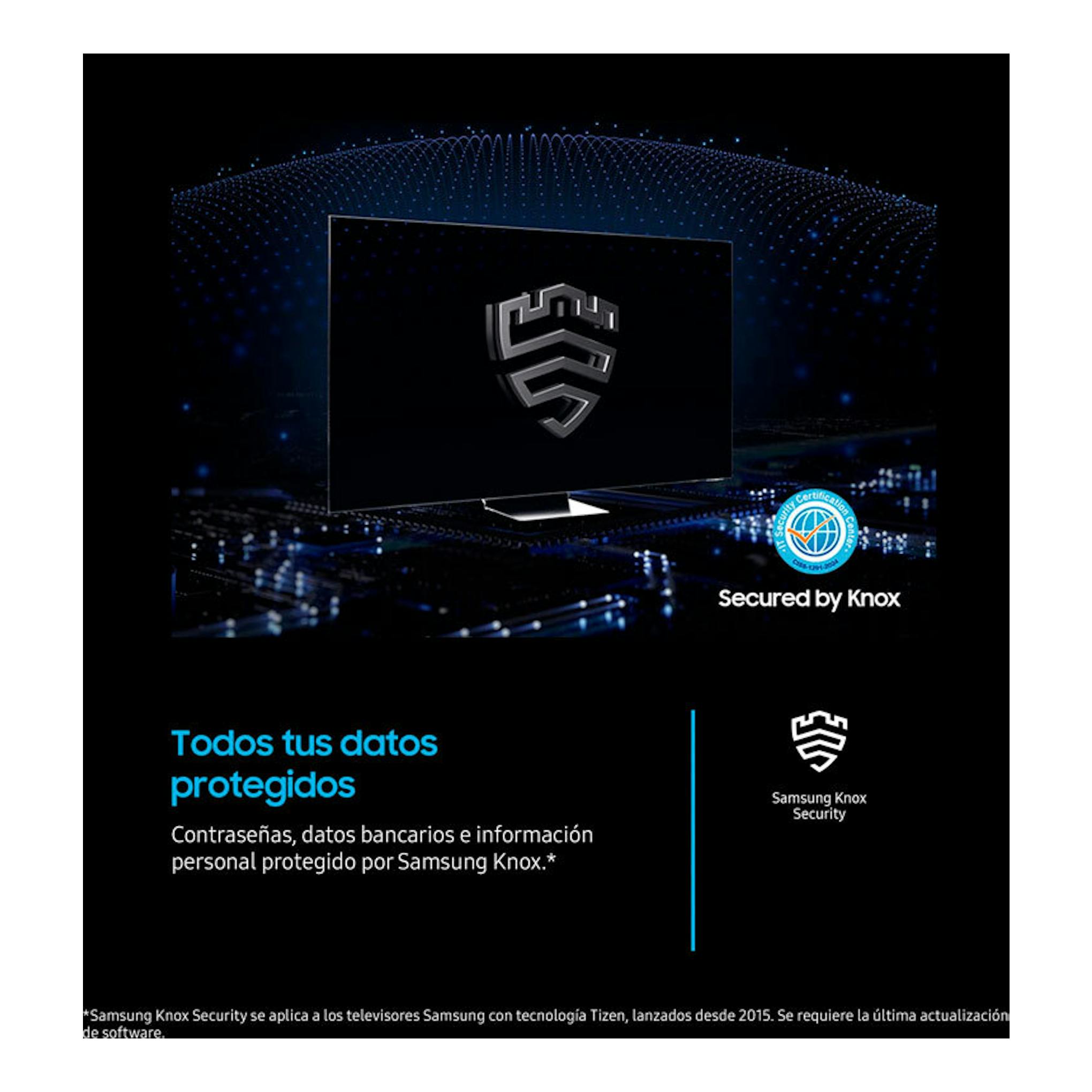 Gráfico promocional de la TV Samsung TU75U7025FKXXC, negra y frontal, con escudo Knox Security.