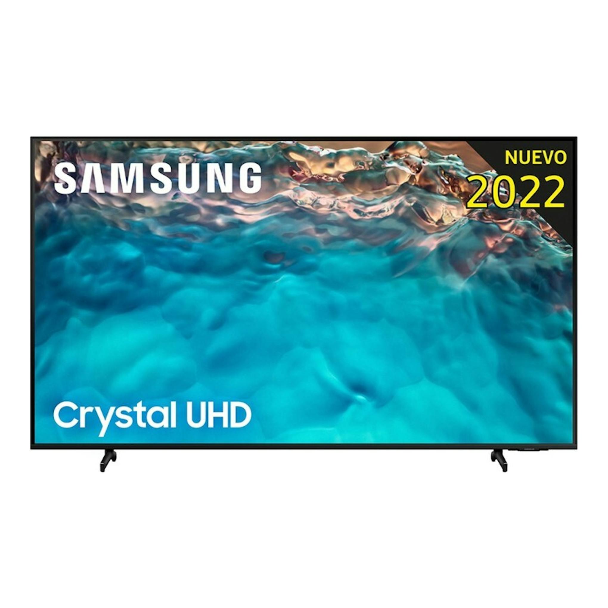 TV Samsung UE65BU8000KXXC Crystal UHD, vista frontal, pantalla con imagen azul y texto «Nuevo 2022».