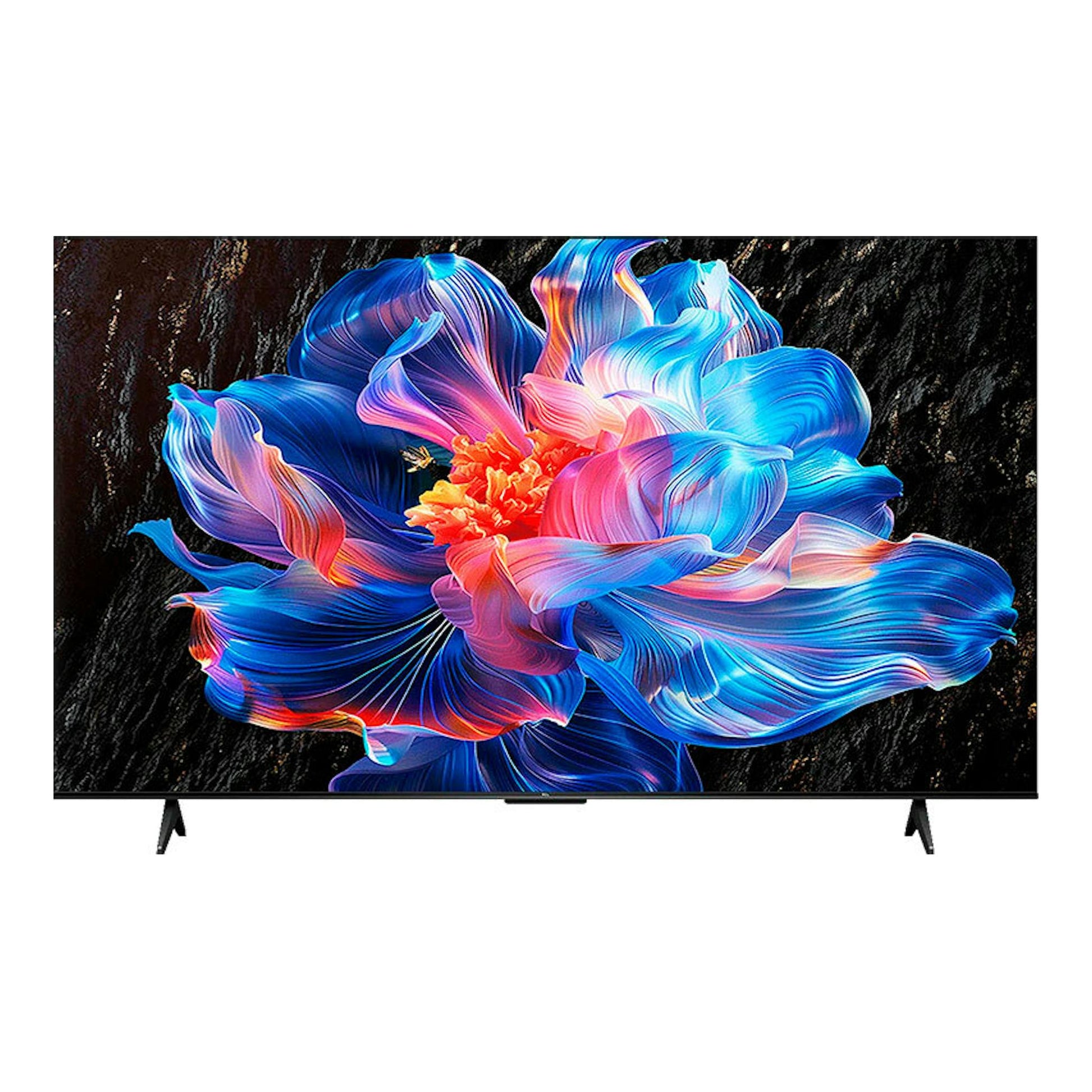 Televisor TCL 32S4K de frente, negro, con base en patas y pantalla con flor multicolor sobre fondo oscuro.
