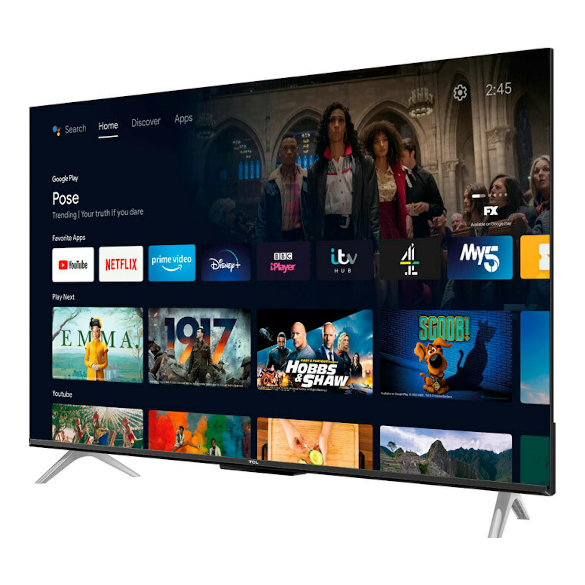 Televisor TCL 43HG60E LED 4K de 43 pulgadas, vista frontal en ángulo, con pantalla de apps.