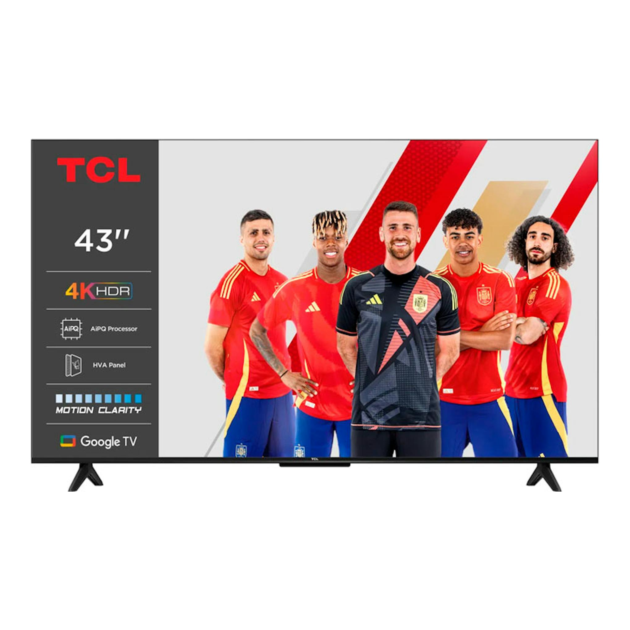 Televisor TCL 43P6K LED 4K de 43", vista frontal, marco negro y base doble, con cinco futbolistas en pantalla.