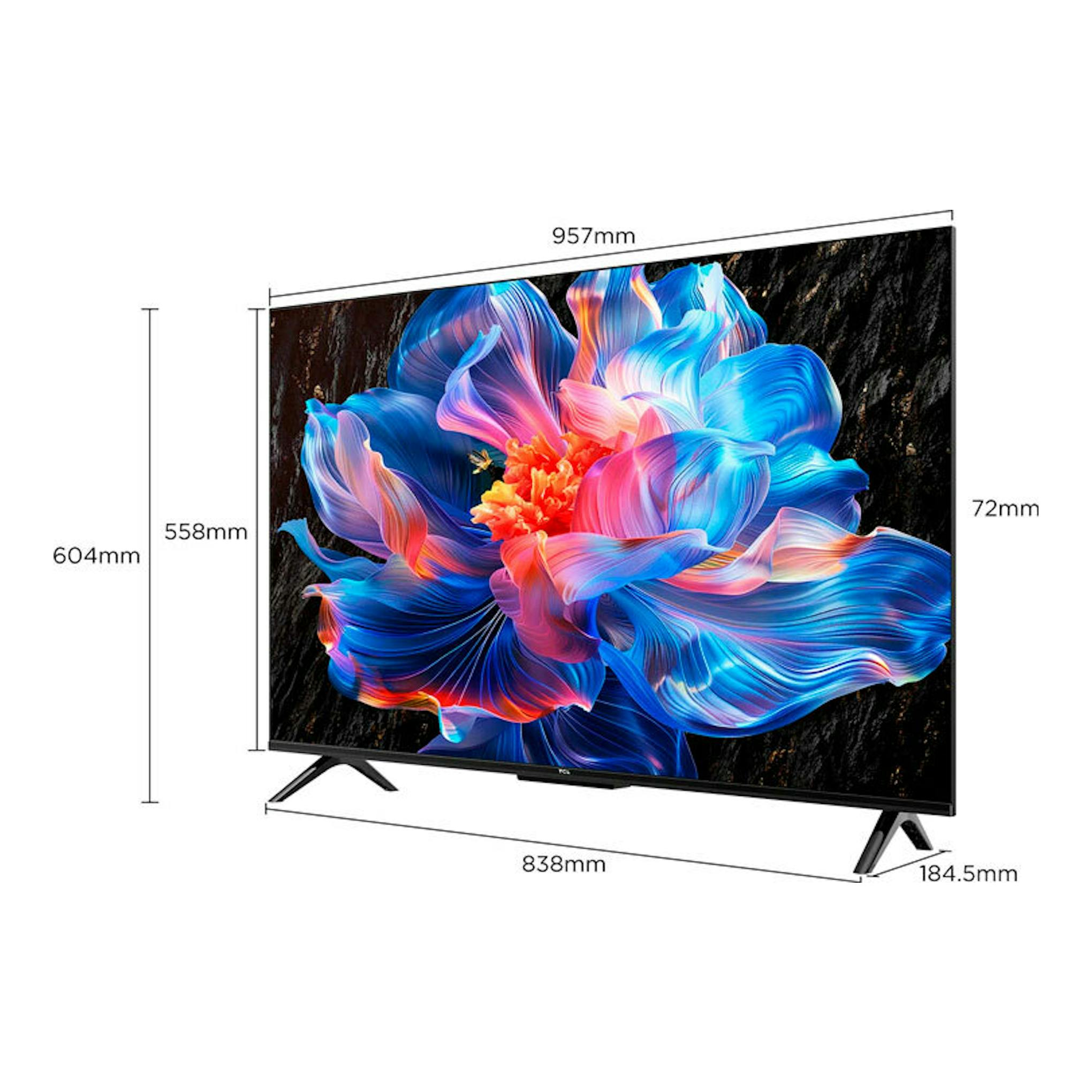 TV TCL 43P6K LED 4K de 43", vista en ángulo, pantalla con flor multicolor y medidas indicadas.