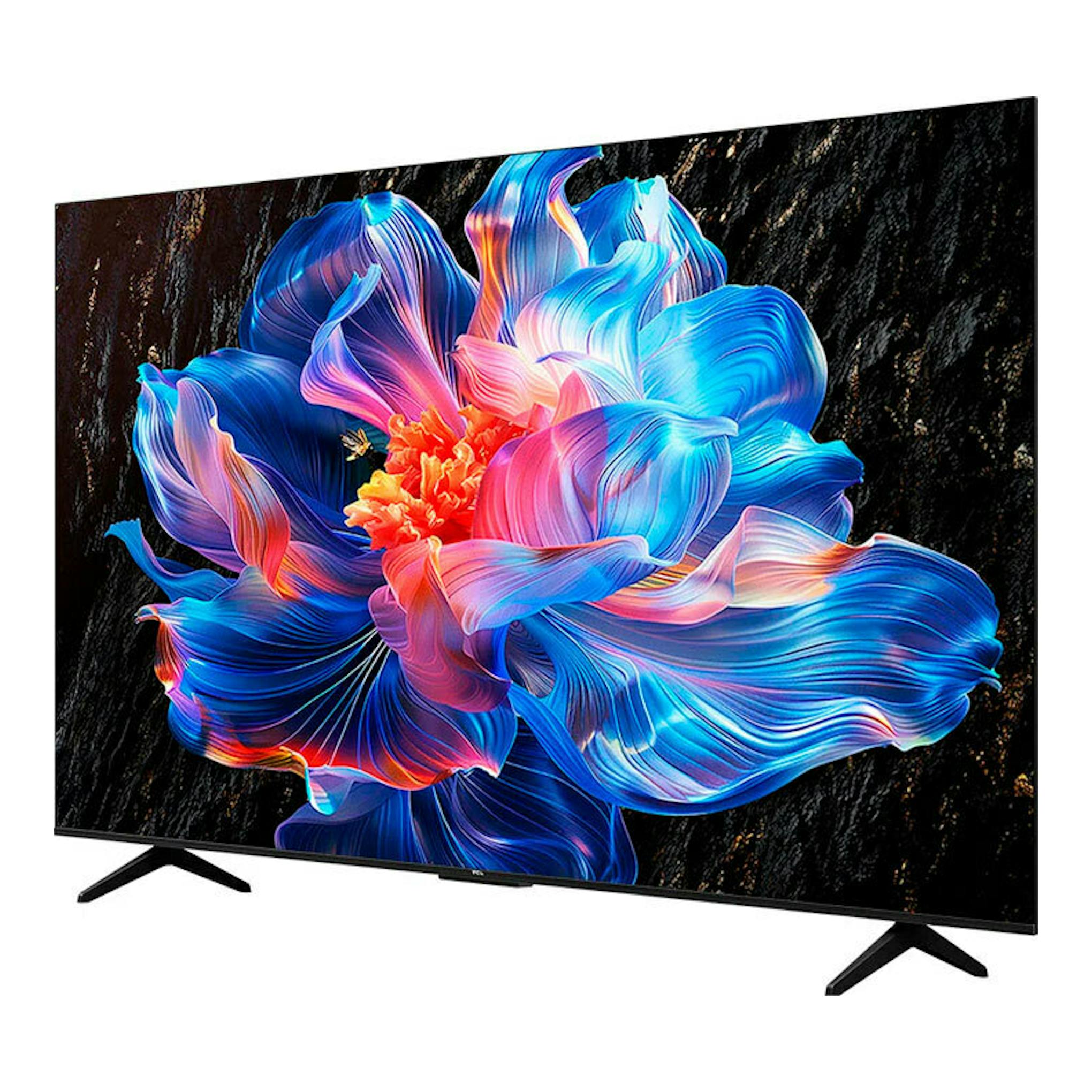 TV TCL 43P6K LED 4K de 43 pulgadas, vista frontal en ángulo, pantalla negra con flor multicolor y patas en V.