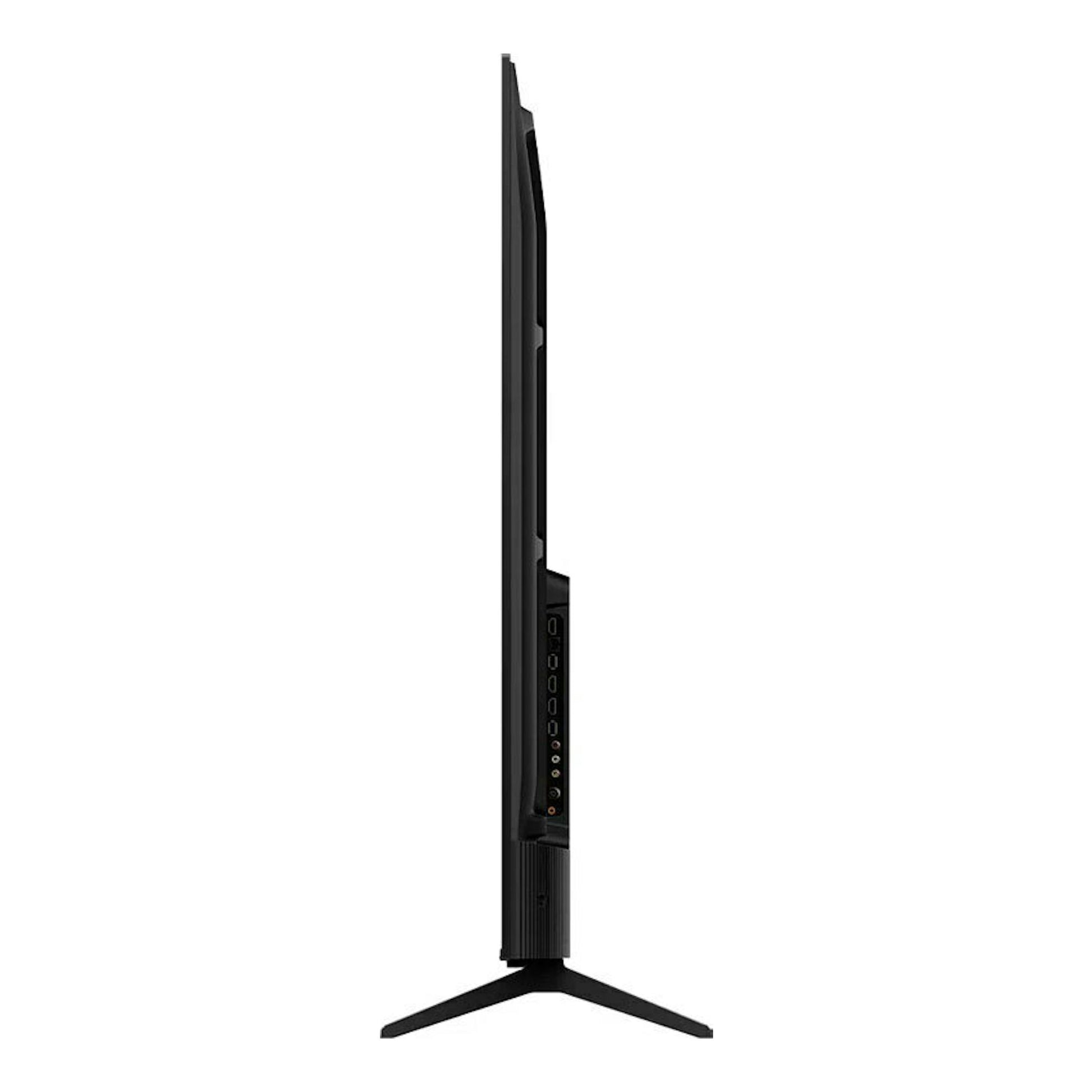 TV TCL 43P6K LED 4K de 43", vista lateral, color negro, con base de patas y puertos traseros visibles.