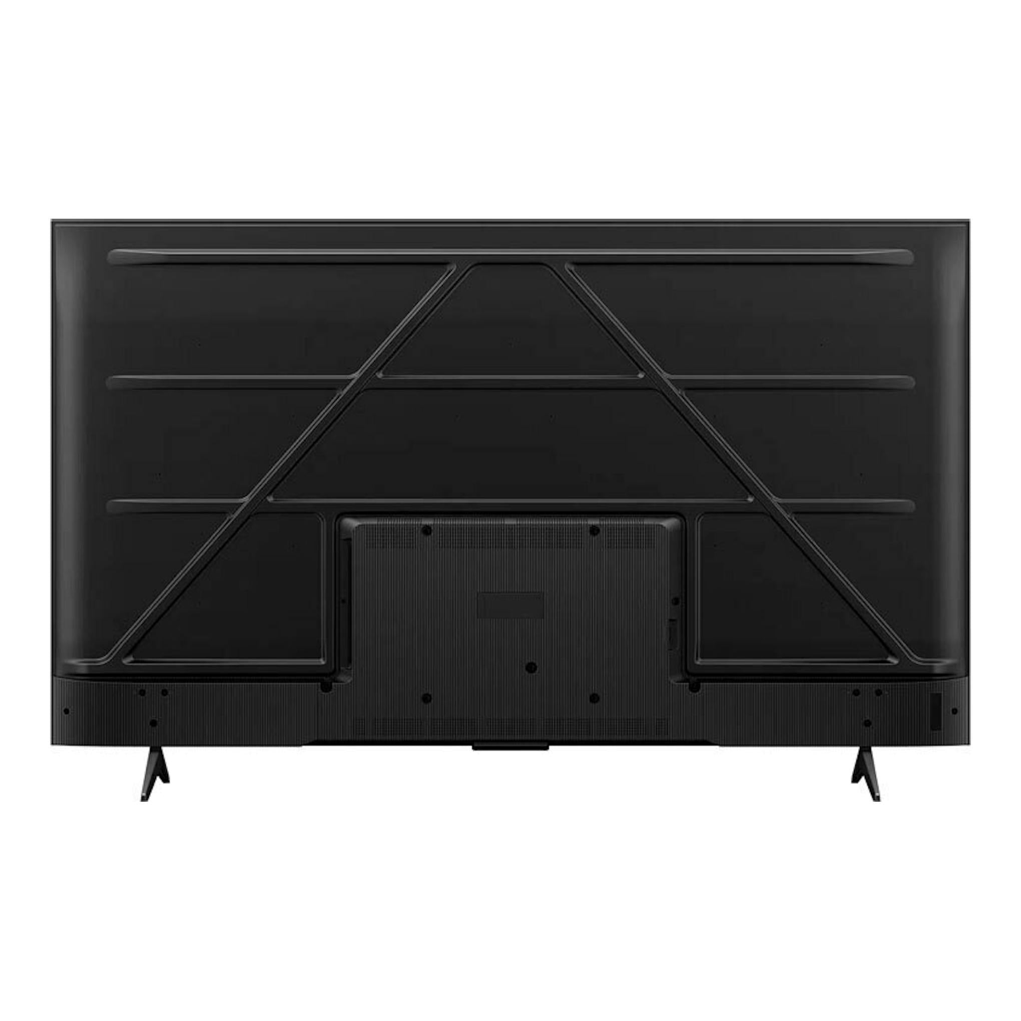TV TCL 43P6K LED 4K de 43", vista trasera, color negro, con patas inclinadas.