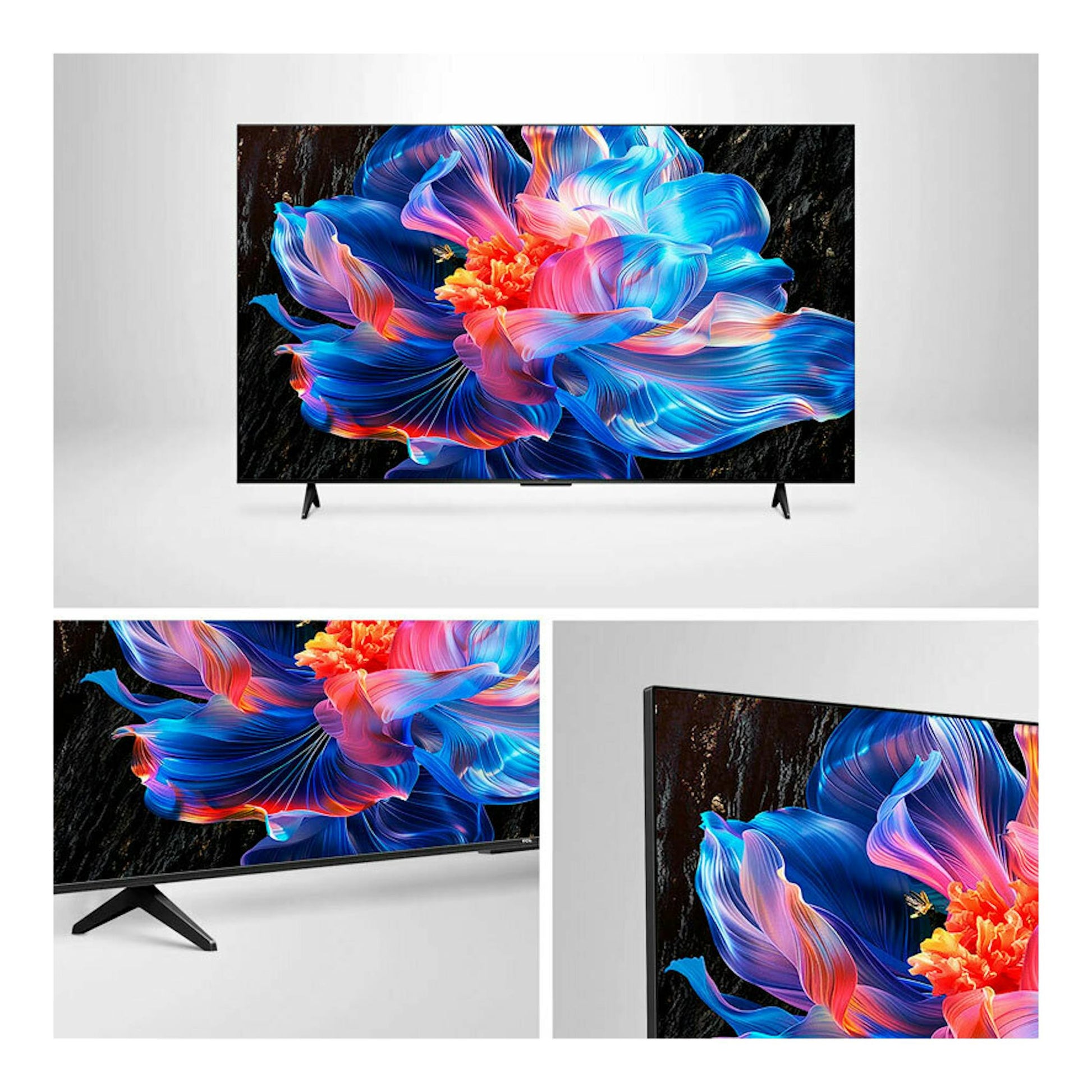 Televisor TCL 43P6K LED 4K de 43 pulgadas, vista frontal y ángulo lateral, con marco negro y patas.