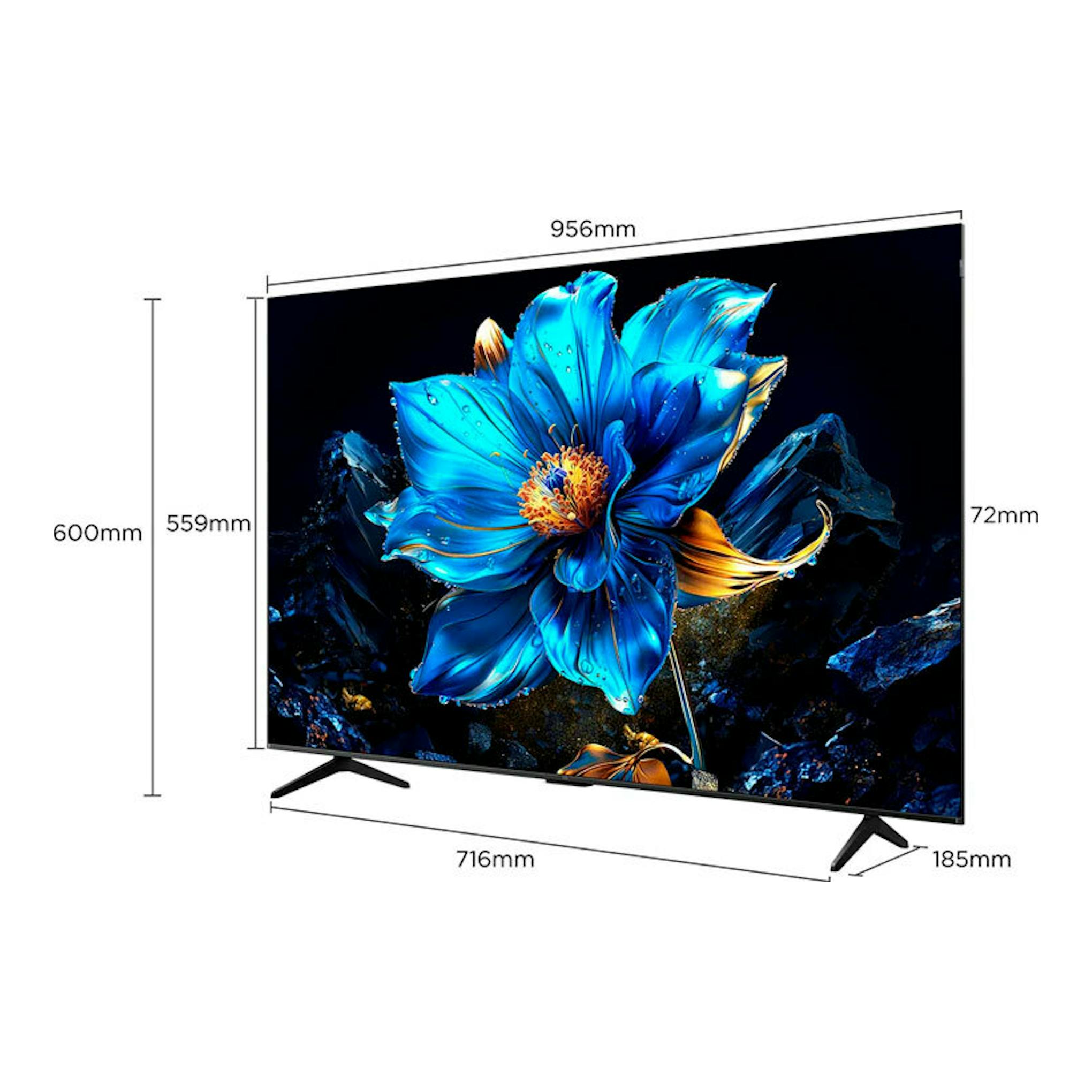 TV TCL 43P7K QLED 4K de 43", vista frontal en ángulo, pantalla con flor azul y peana negra.