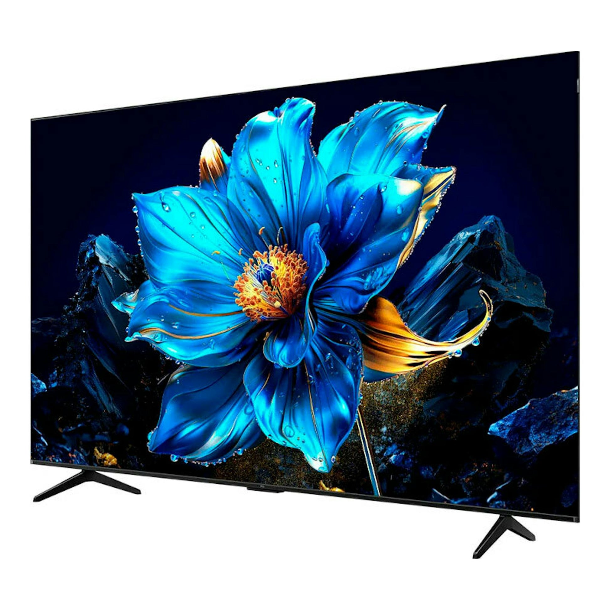 Televisor TCL 50P7K QLED 4K de 50 pulgadas, vista frontal en ángulo, con pantalla negra y flor azul.