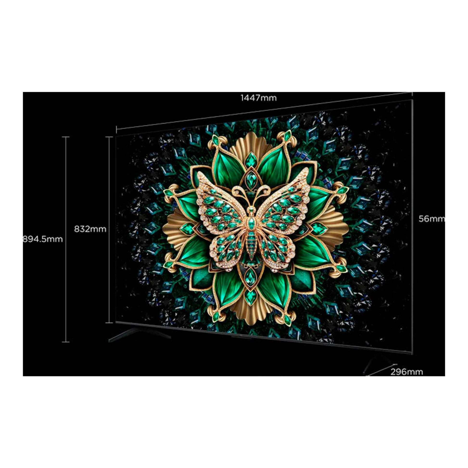 TV TCL 65C6K MiniLED 4K de 65", vista frontal en ángulo, pantalla negra con diseño de mariposa y medidas.
