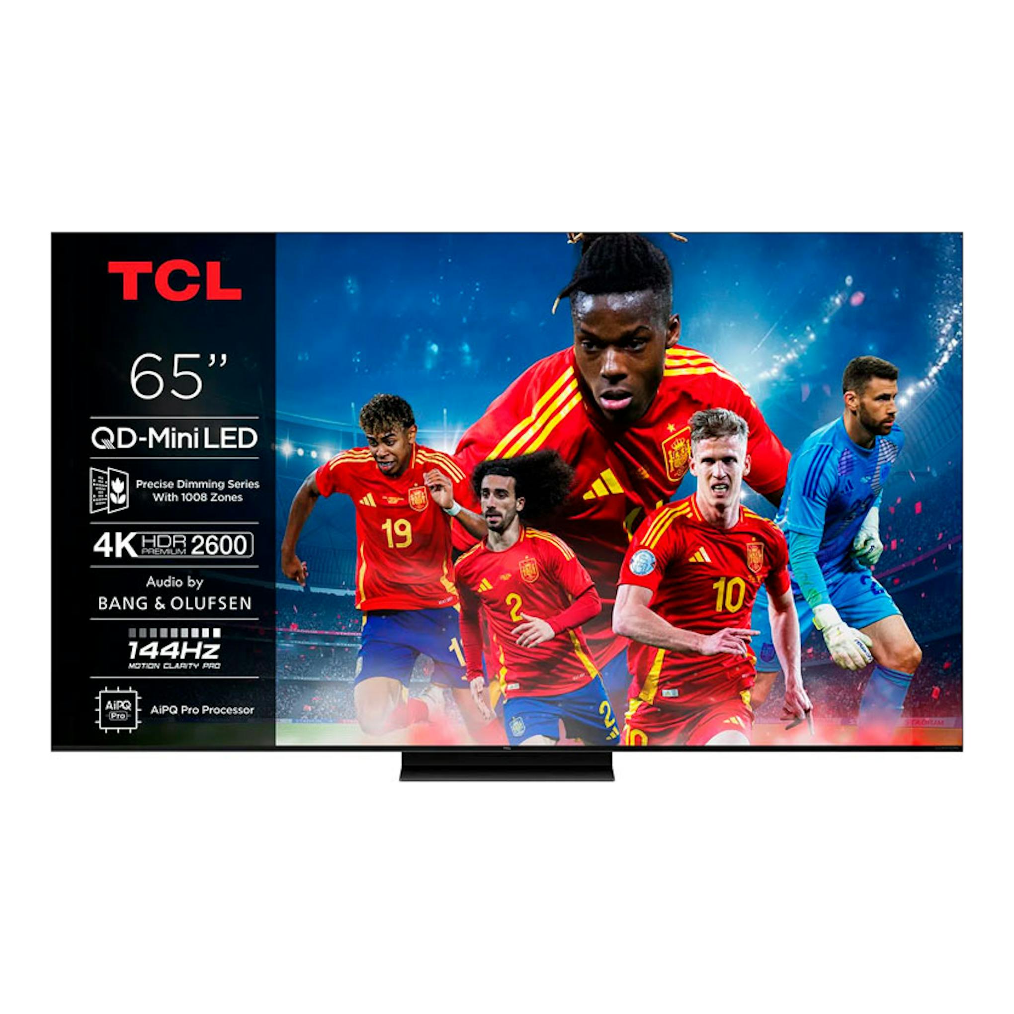 Televisor TCL 65C7K de 65", QD-Mini LED 4K, vista frontal, con futbolistas en pantalla.