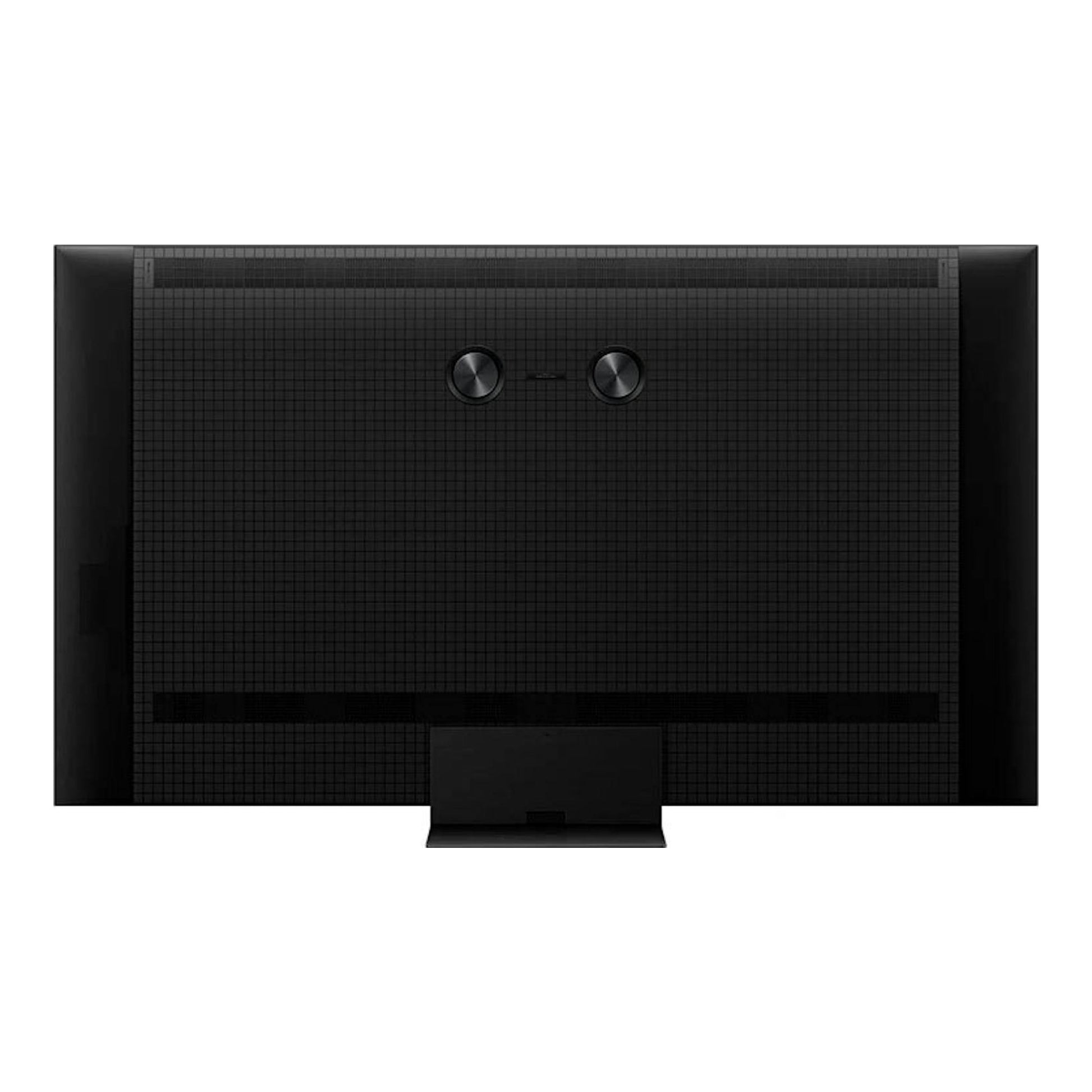 Vista trasera de un televisor TCL 65C7K MiniLED 4K de 65", negro, con peana central.