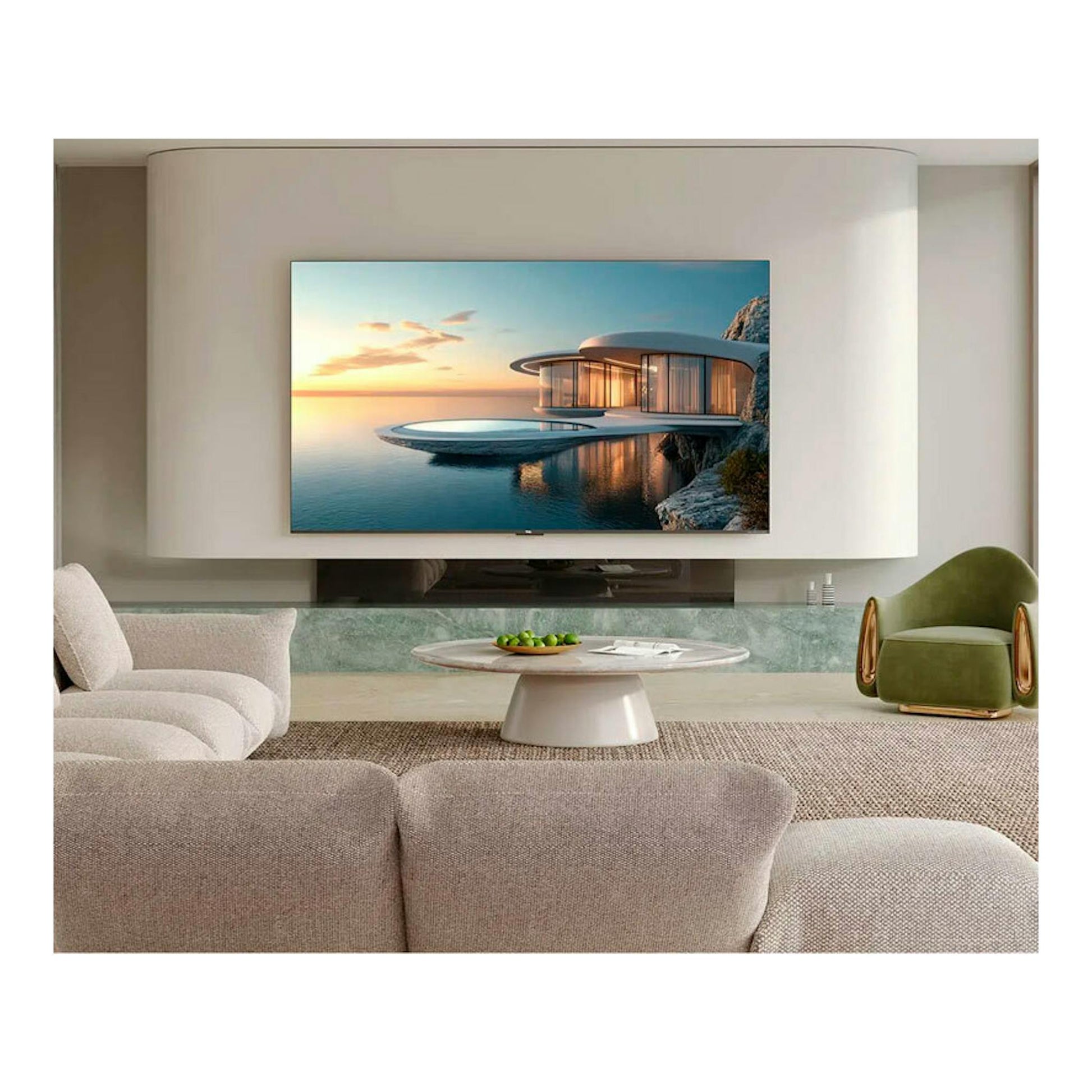 TV TCL 65C7K MiniLED 4K de 65 pulgadas, vista frontal en pared, en un salón moderno.