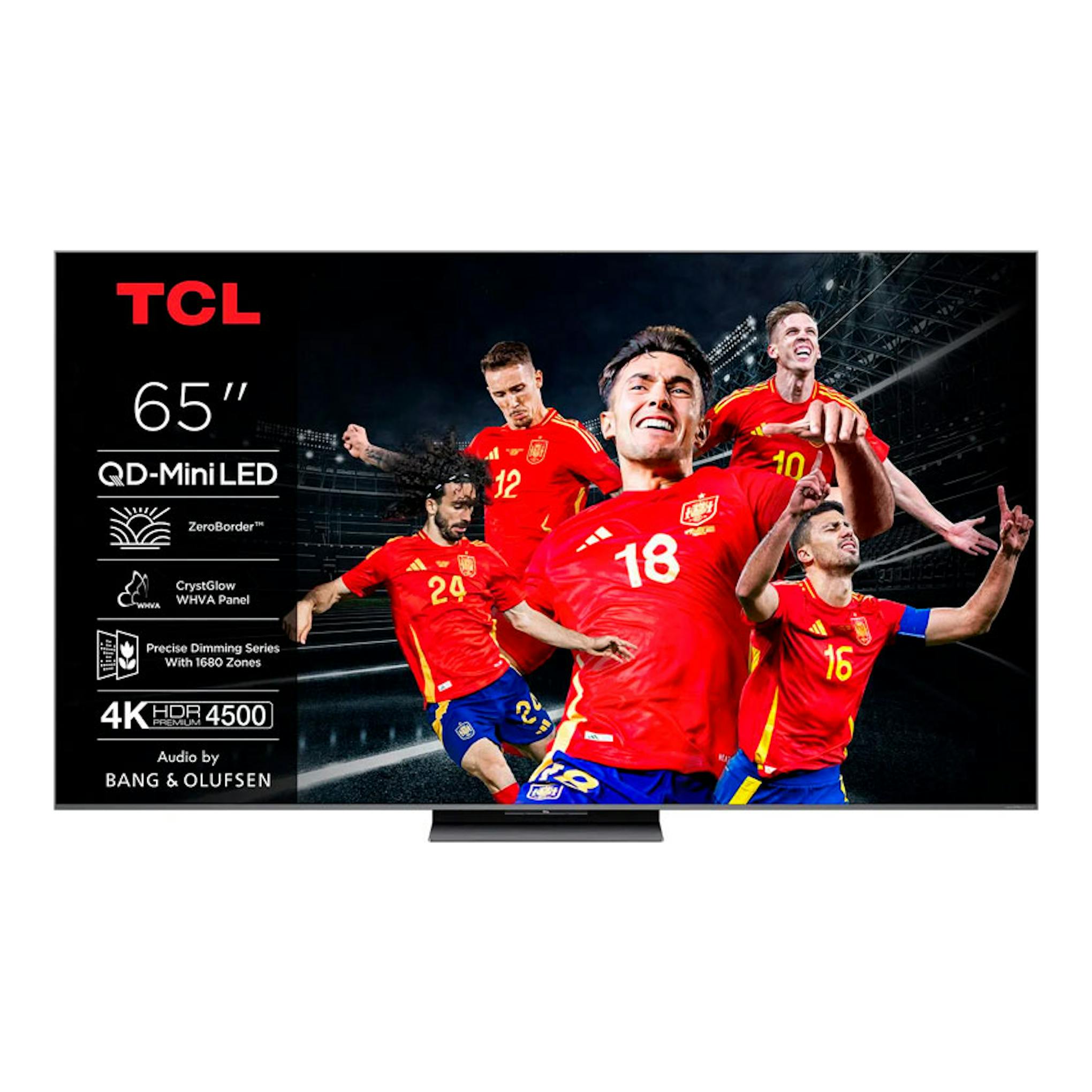 TV TCL 65C8K de 65", vista frontal, pantalla con futbolistas y fondo oscuro, base central negra.