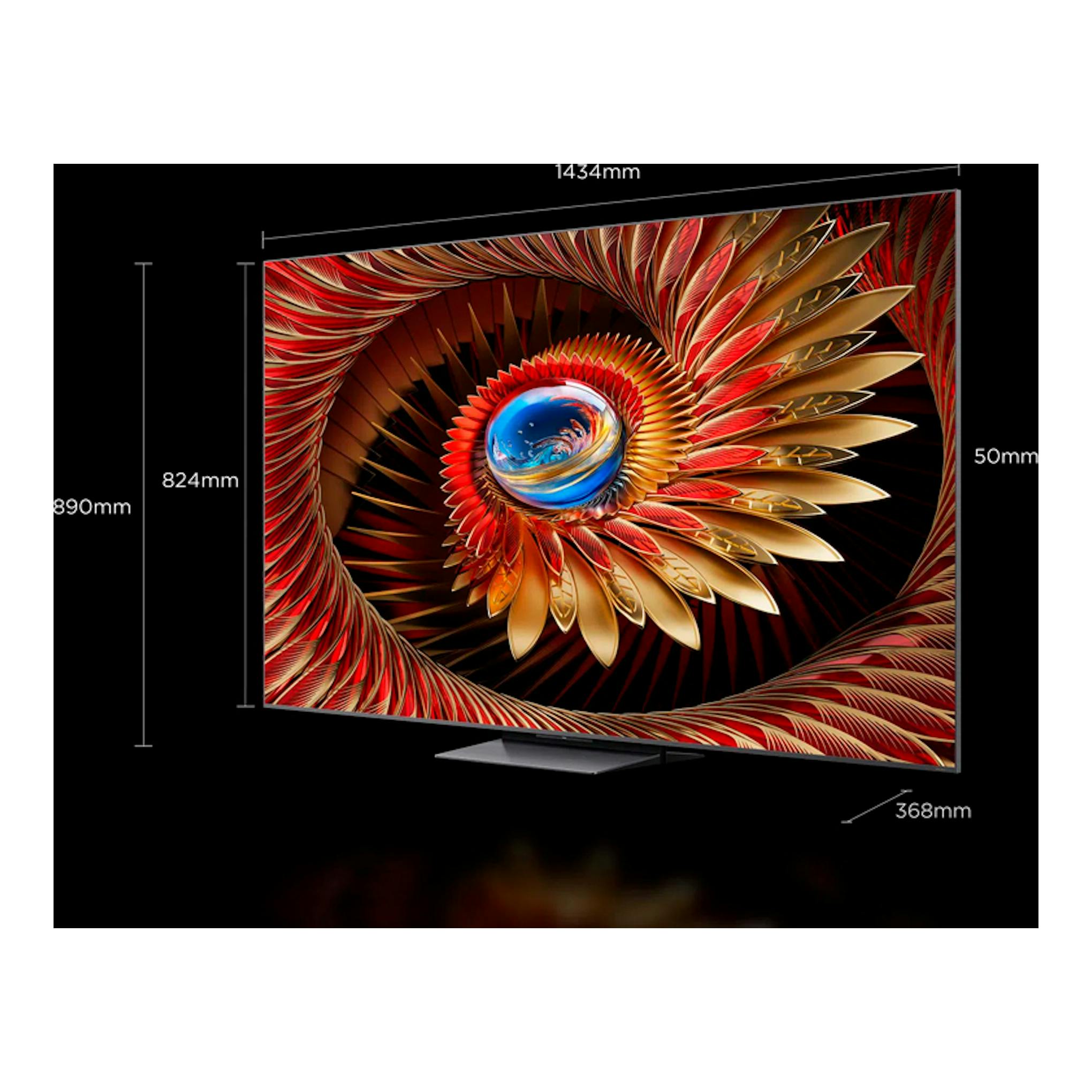 TV TCL 65C8K MiniLED 4K de 65 pulgadas, vista frontal con soporte y pantalla negra sobre fondo negro.