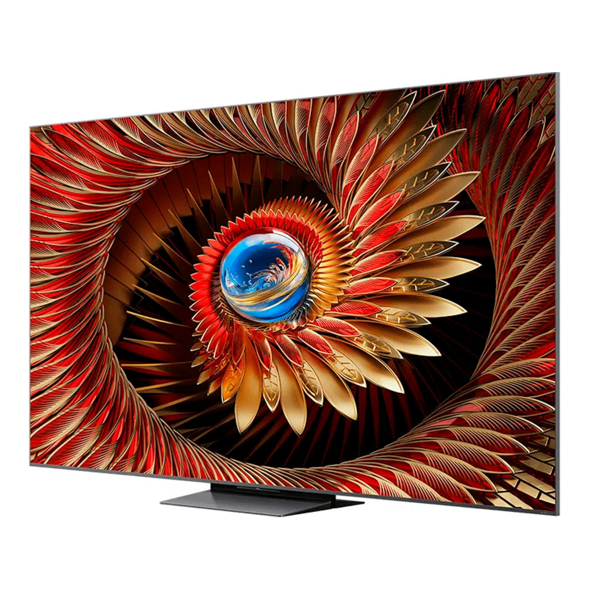 TV TCL 65C8K MiniLED 4K de 65", vista en ángulo, marco negro fino y base central, pantalla abstracta roja y dorada.