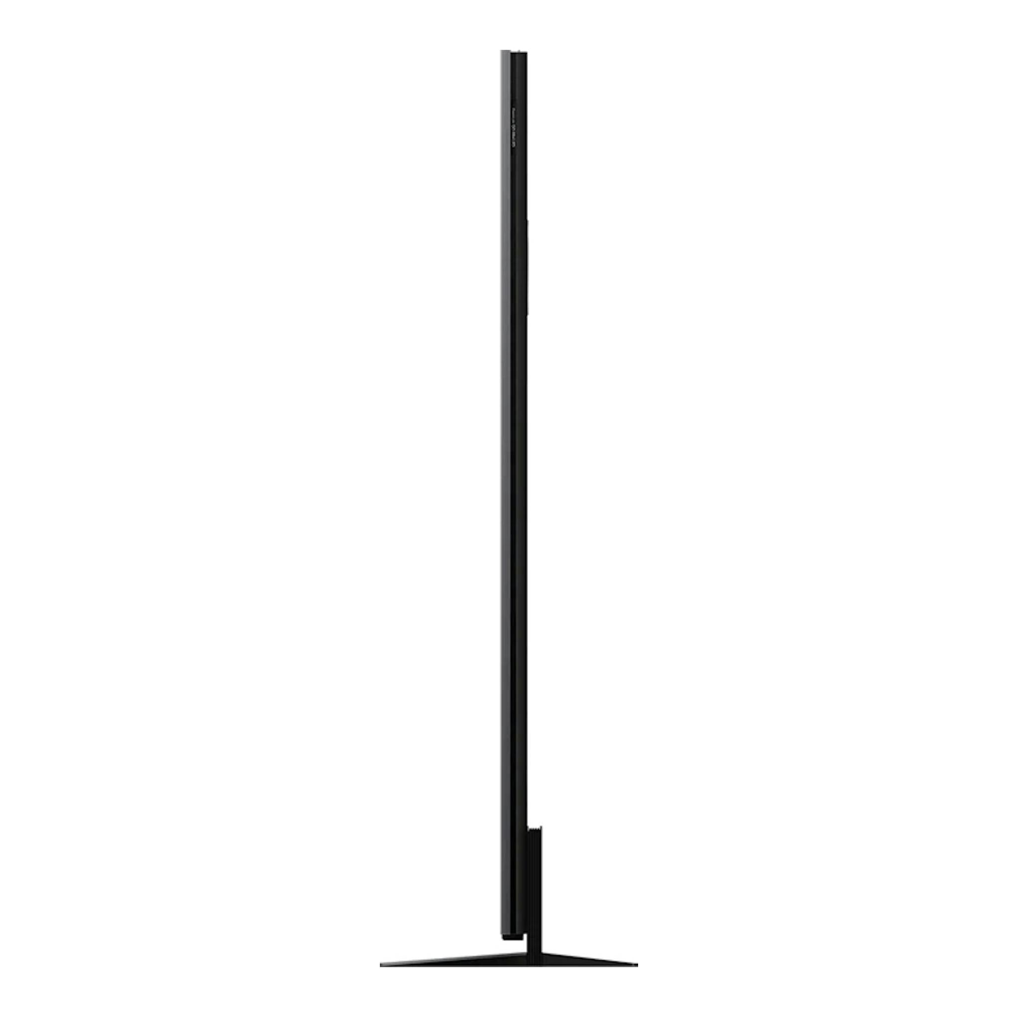 Televisor TCL 65C8K MiniLED 4K, vista lateral, negro, con soporte central y base ancha.