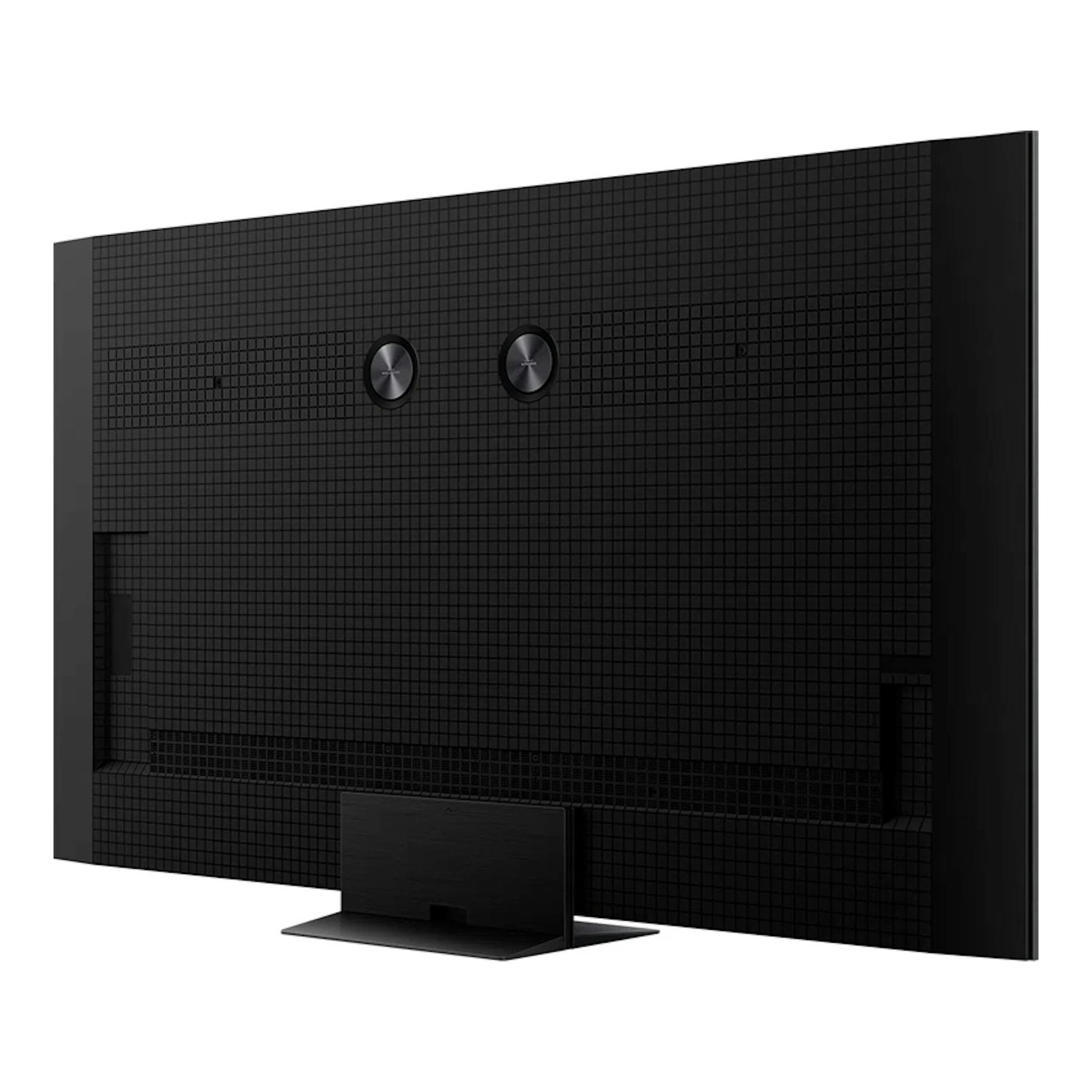TV TCL 65C8K negra, vista trasera en ángulo, con soporte central y parte posterior texturizada.