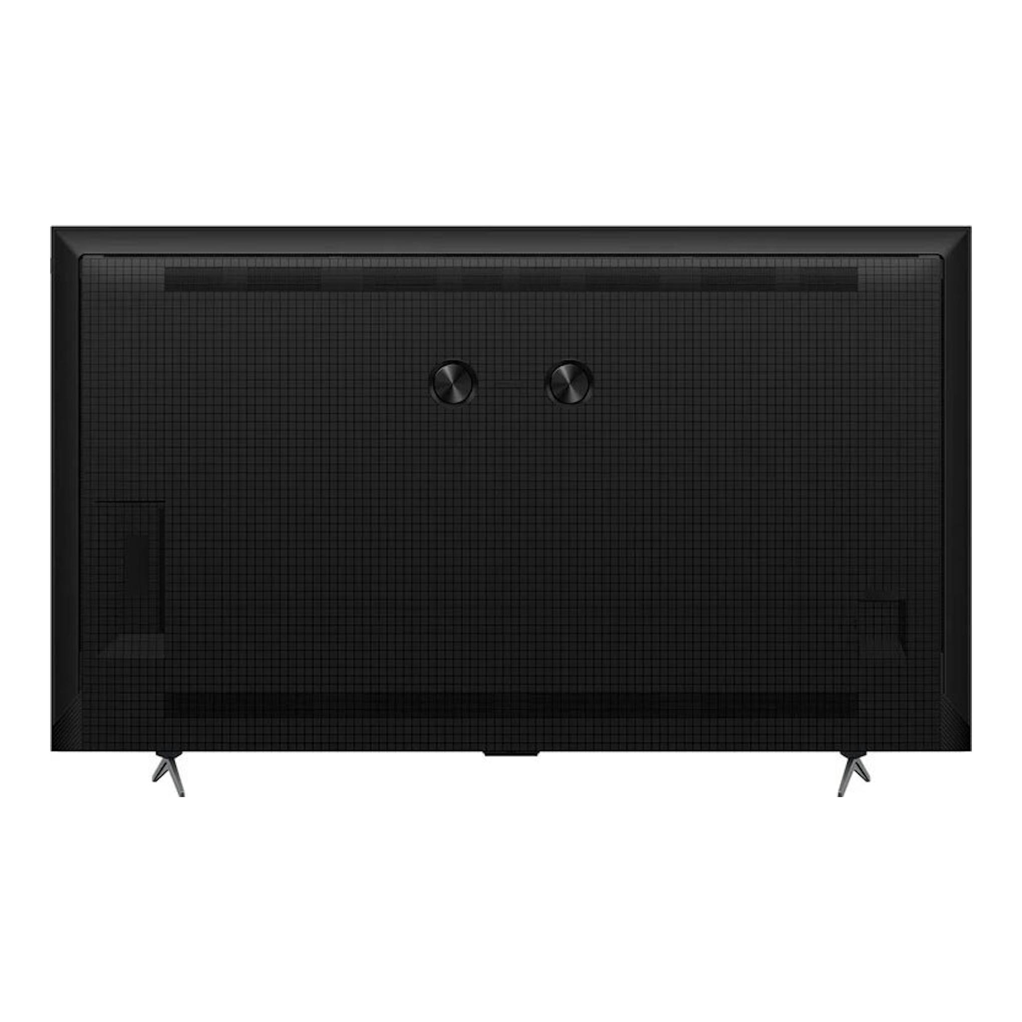 TV TCL 65P8K QLED 4K negra, vista trasera, con dos patas y panel posterior texturizado.