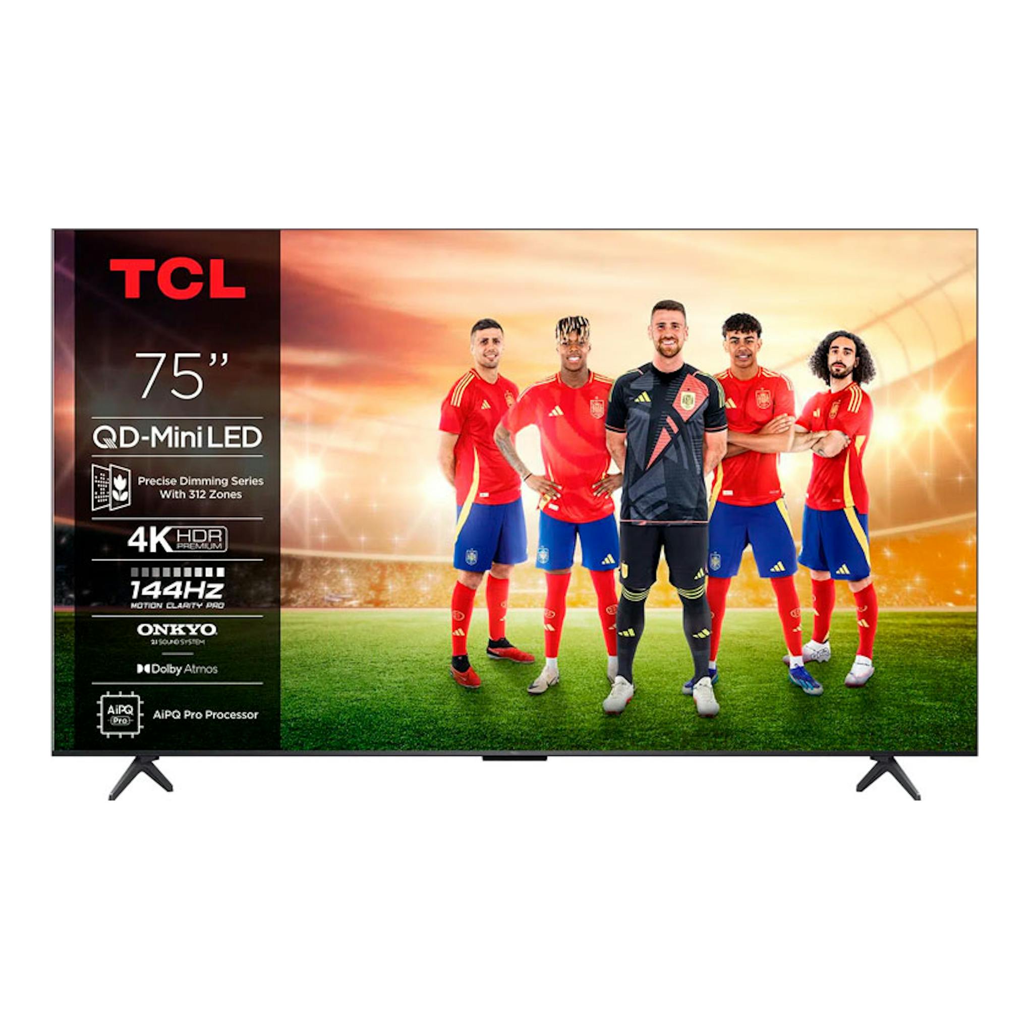 Televisor TCL 75" QD-MiniLED 4K, vista frontal, con patas y pantalla con futbolistas.