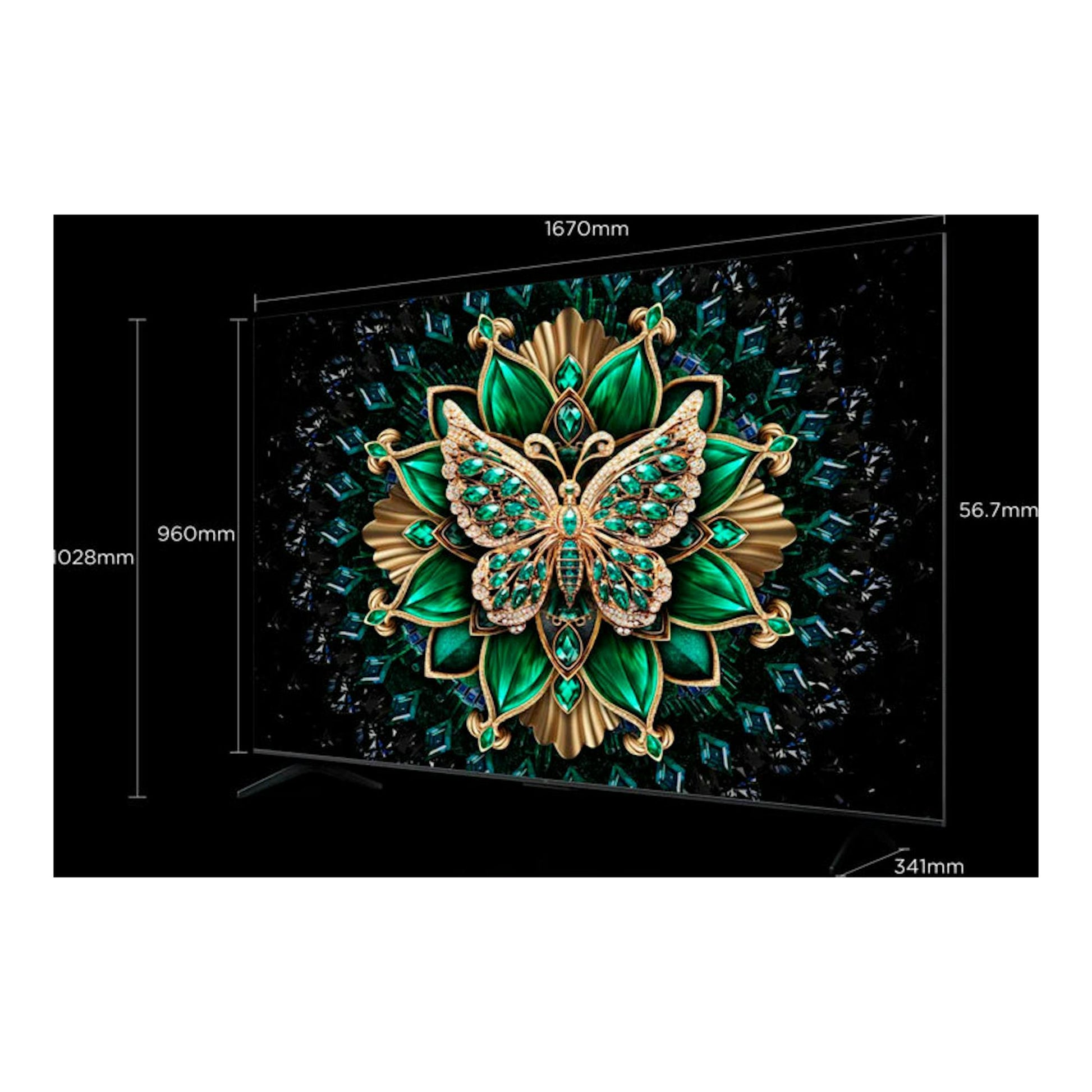 TV TCL 75C6K MiniLED 4K de 75 pulgadas, vista frontal en ángulo, pantalla negra con mariposa verde central.