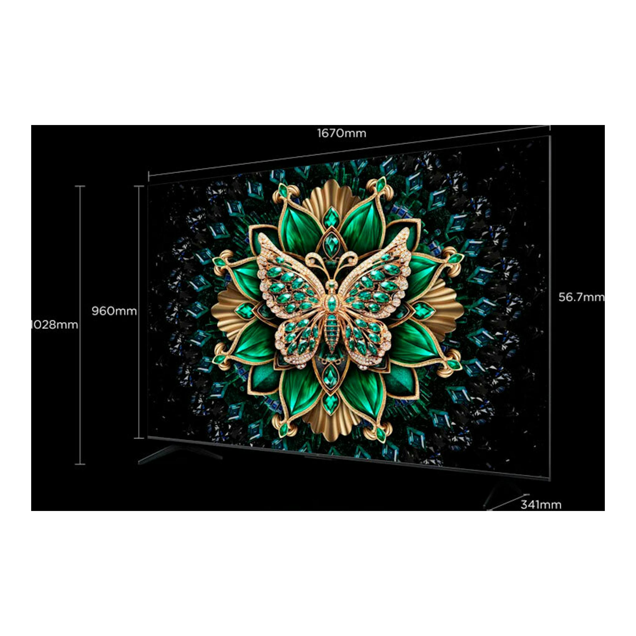 TV TCL 75C6K MiniLED 4K de 75 pulgadas, vista frontal en ángulo, pantalla negra con mariposa verde central.