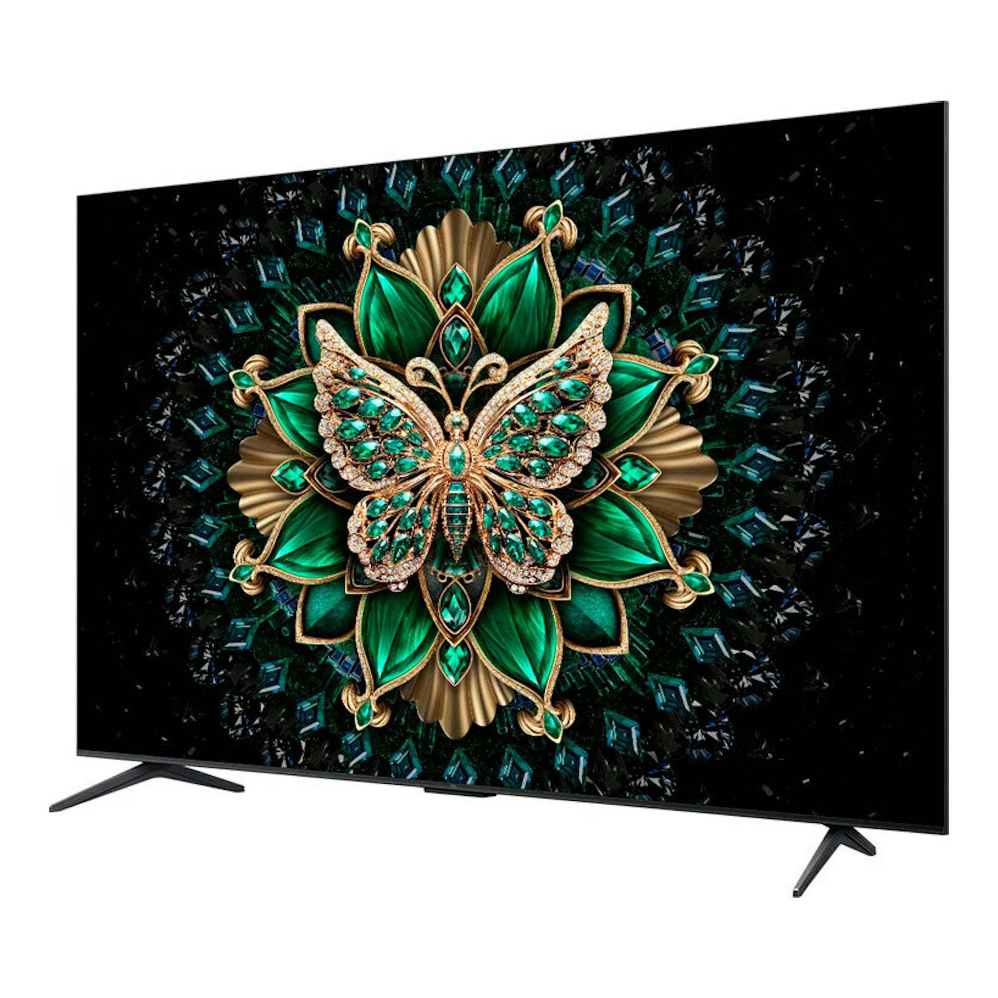 TV TCL 75C6K MiniLED 4K de 75", vista frontal en ángulo, pantalla negra con mariposa verde y dorada.