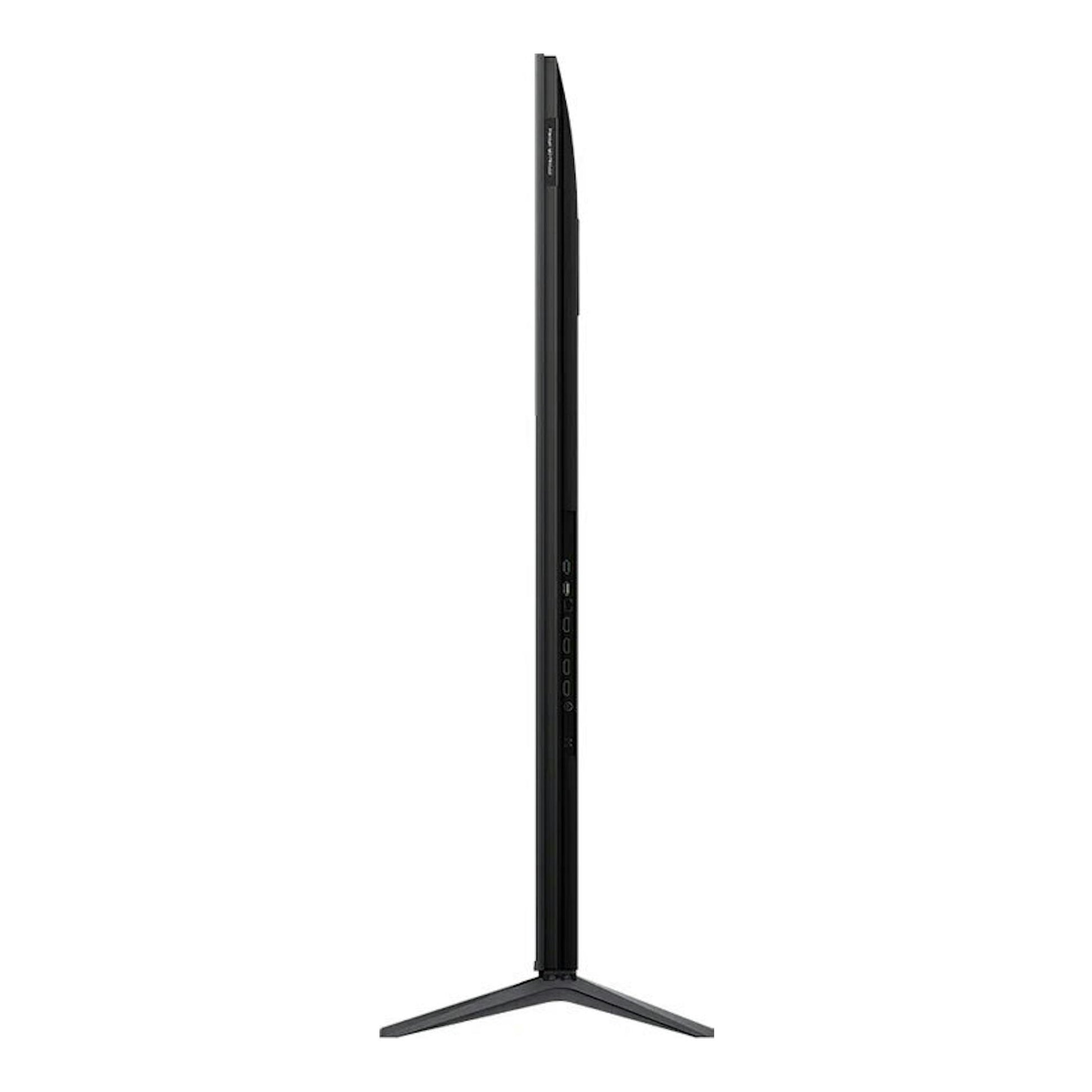 TV TCL 75C6K MiniLED 4K de perfil lateral, negra, sobre base en V.