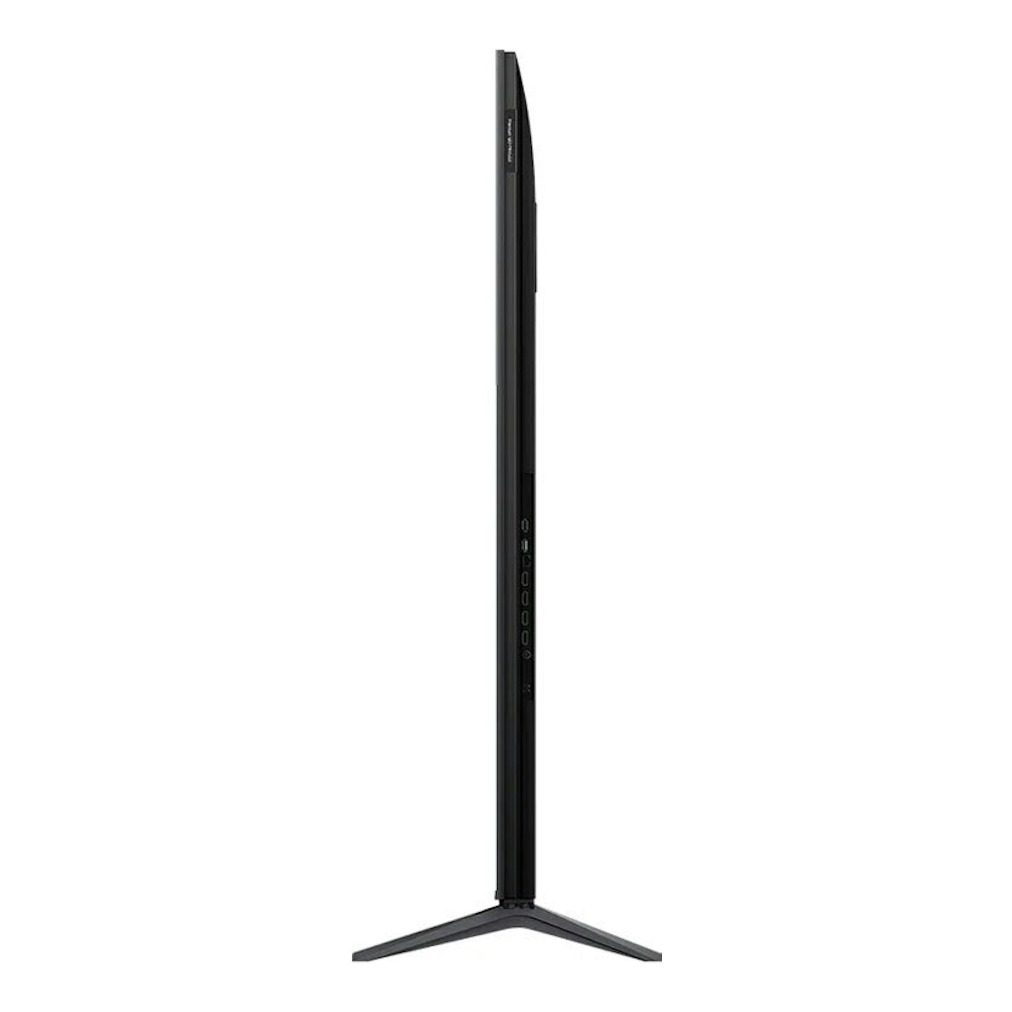 TV TCL 75C6K MiniLED 4K de perfil lateral, negra, sobre base en V.