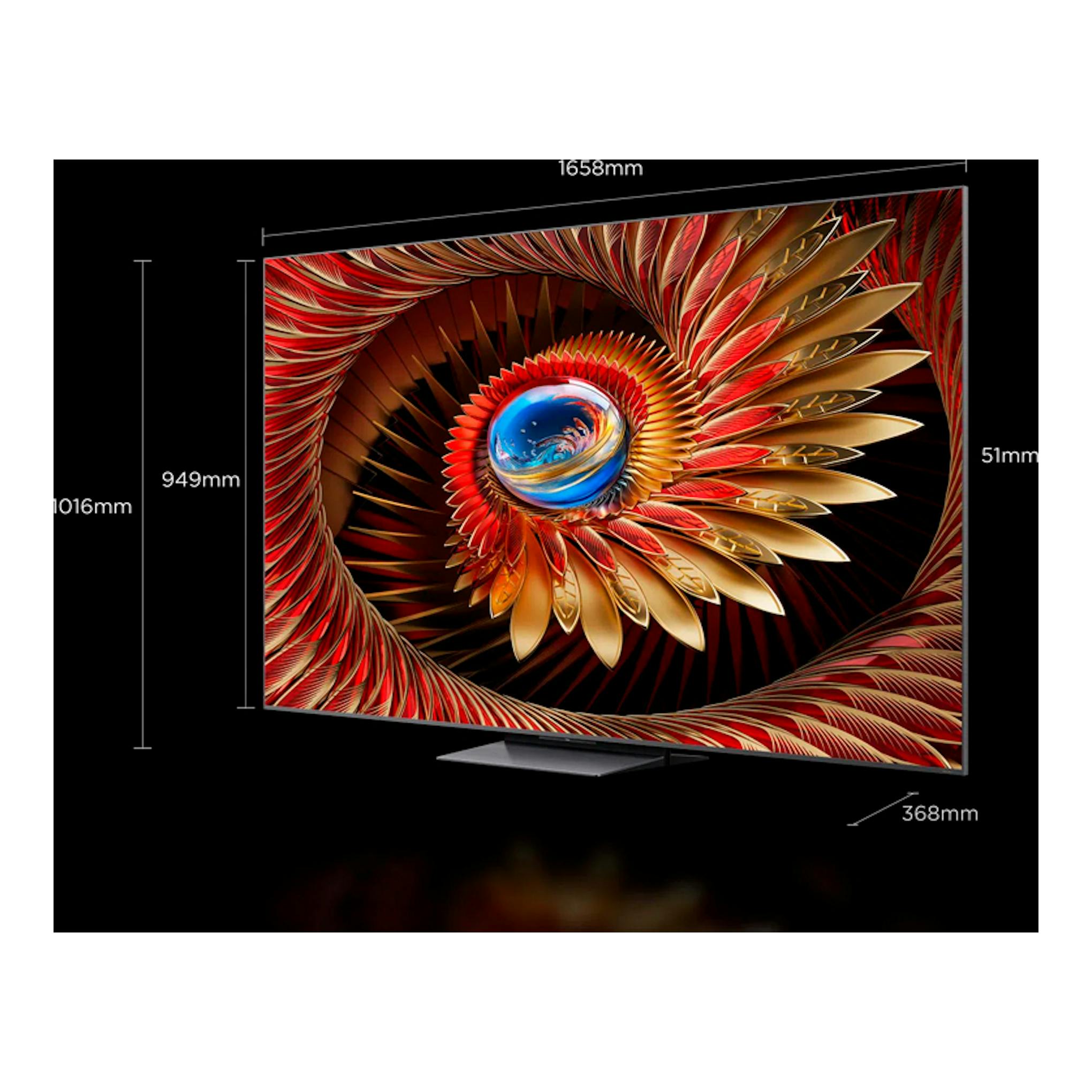 TV TCL 75C8K MiniLED 4K de 75", vista frontal, pantalla negra con peana central.