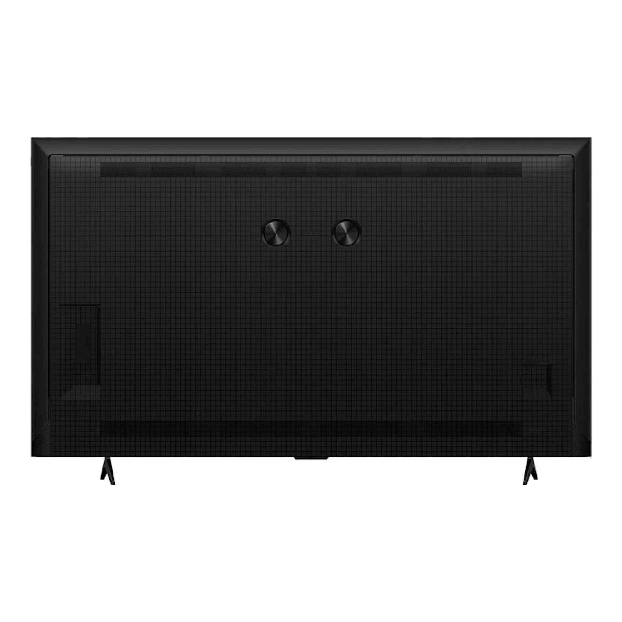 Vista trasera de un televisor TCL 75P7K negro, con dos patas y panel posterior texturizado.