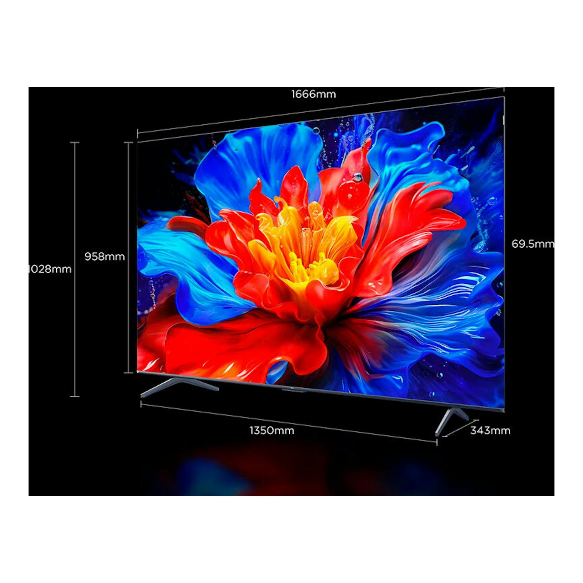 TV TCL 75P8K QLED 4K de 75", vista en ángulo, pantalla abstracta multicolor y base metálica.