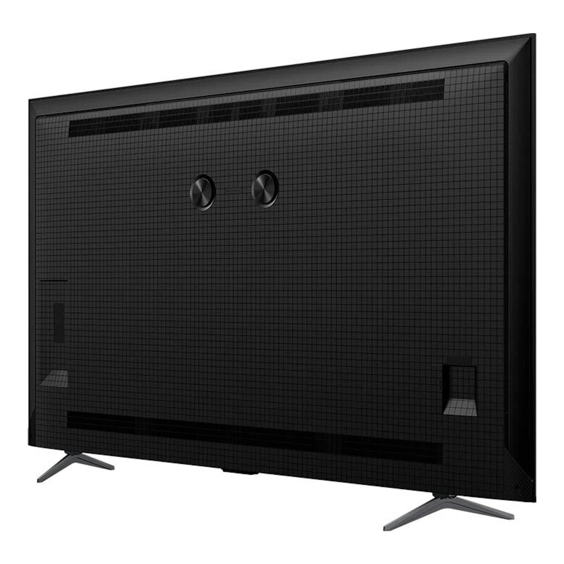Televisor TCL 75P8K QLED 4K de 75 pulgadas, vista trasera en color negro, con patas laterales.