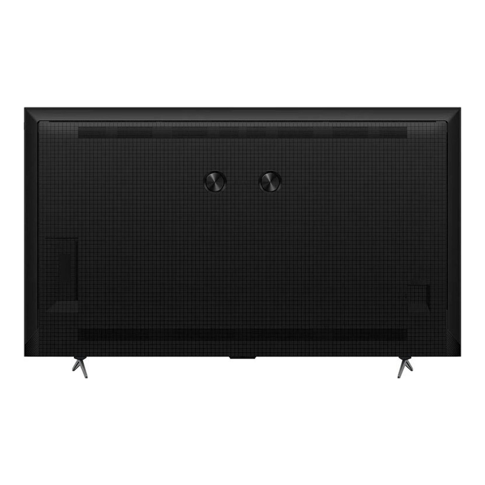 Vista trasera de un televisor TCL 75P8K QLED 4K de 75 pulgadas, negro, con dos patas inclinadas.