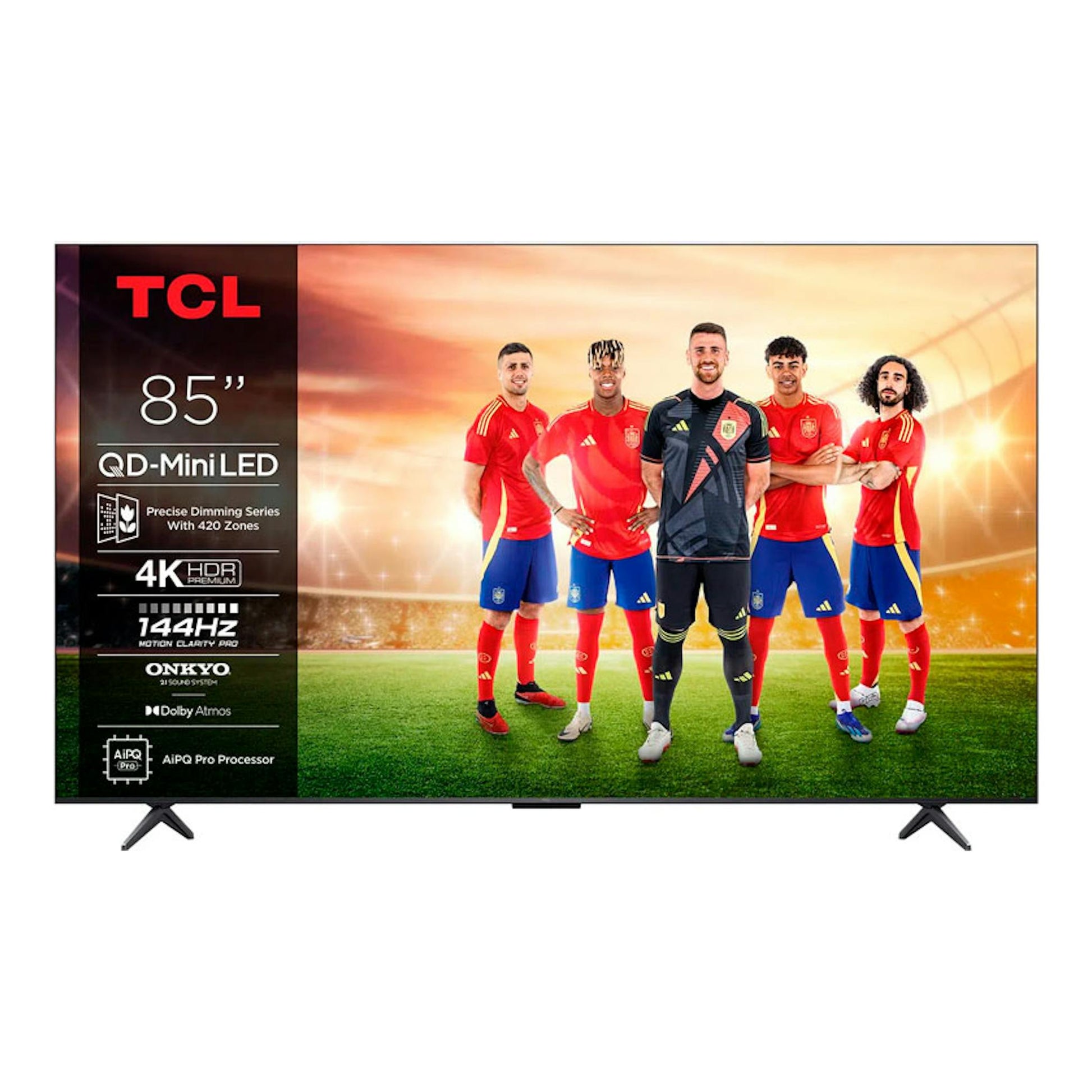 TV TCL 85C6K MiniLED 4K de 85 pulgadas, vista frontal, con pantalla de fútbol y base de patas.