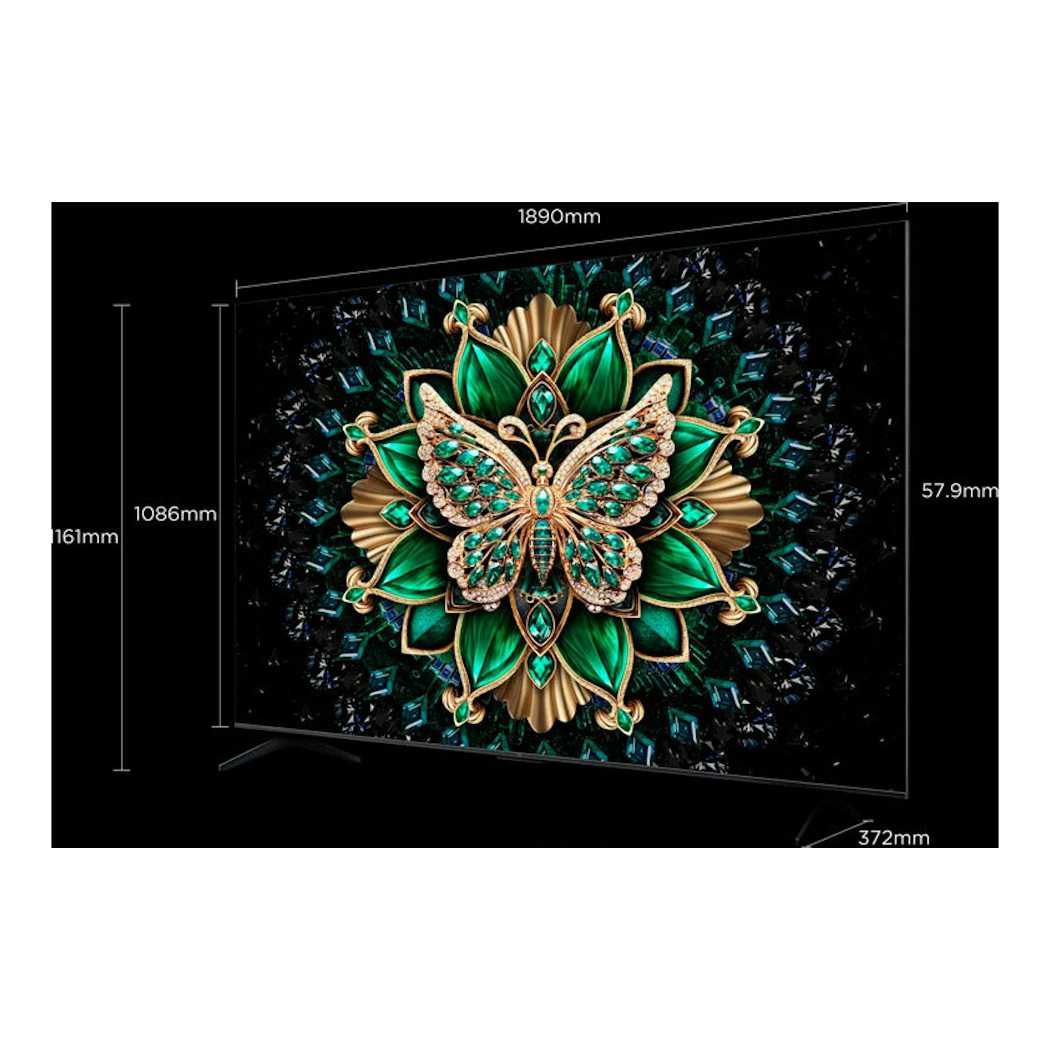 TV TCL 85C6K MiniLED 4K de 85", vista en ángulo lateral, pantalla negra con mariposa verde/dorada y medidas.