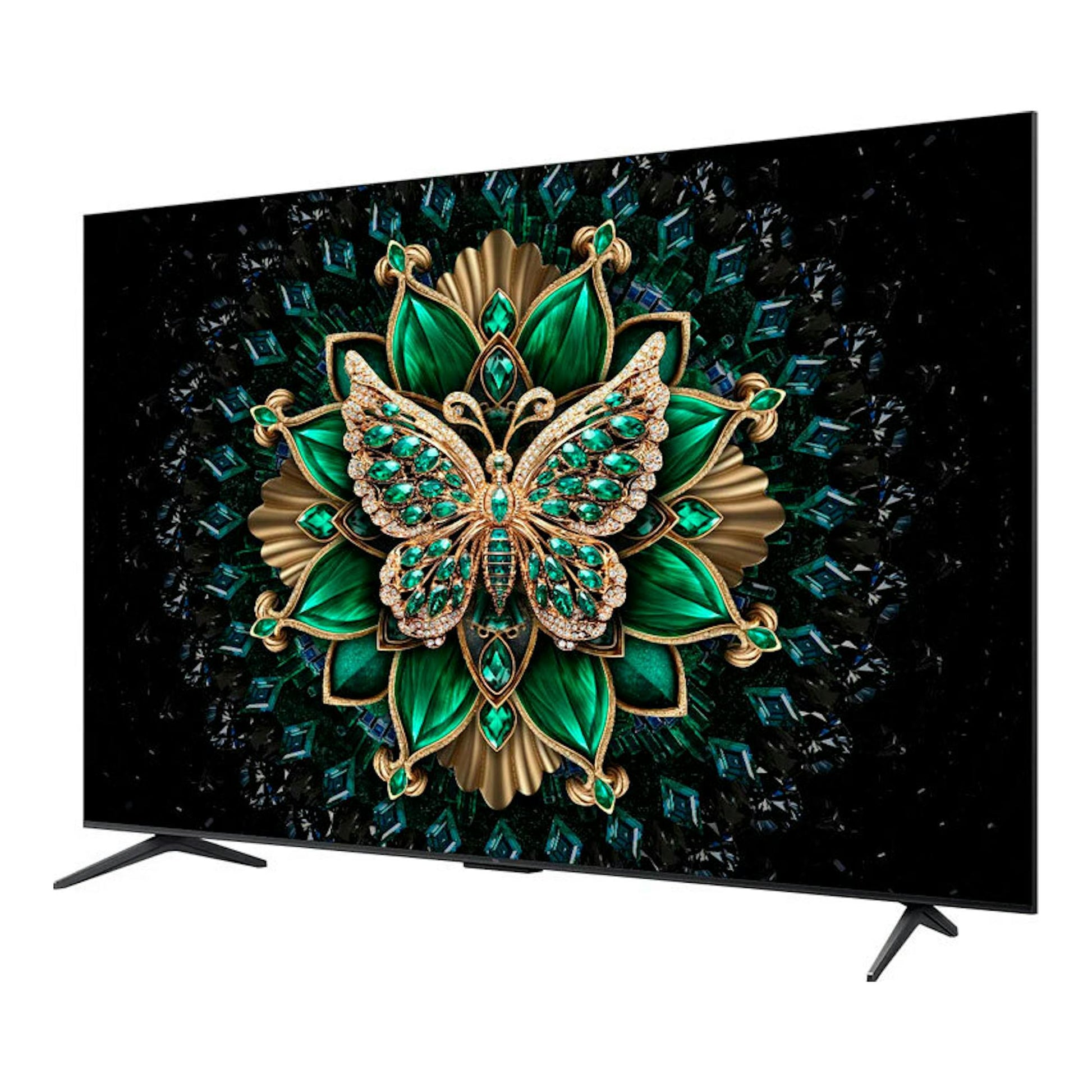 Televisor TCL 85C6K MiniLED 4K de 85 pulgadas, vista frontal en ángulo, con pantalla negra y mariposa verde.