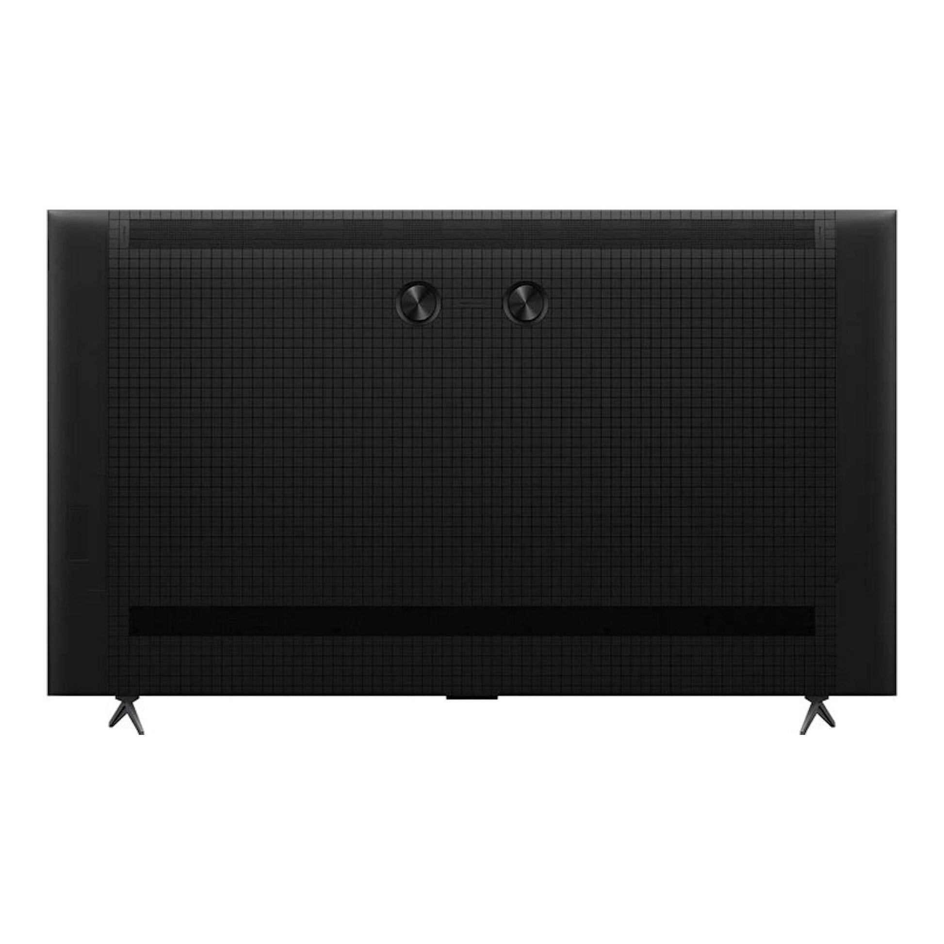 Vista trasera de TV TCL 85C6K MiniLED 4K negra, con dos patas y panel posterior texturizado.