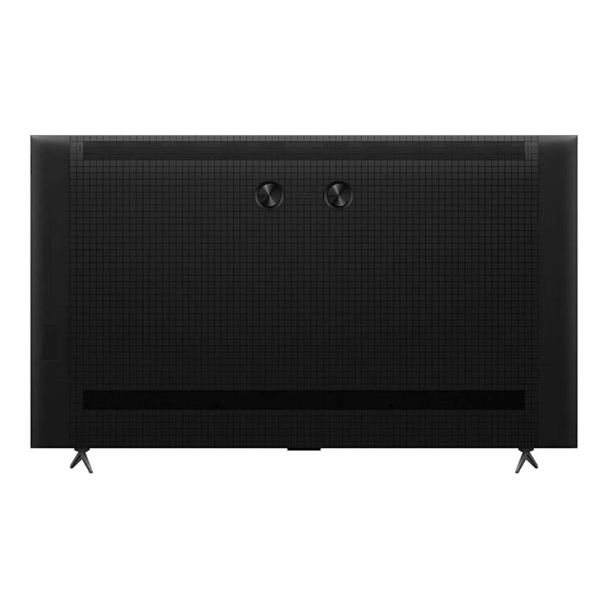 Vista trasera de TV TCL 85C6K MiniLED 4K negra, con dos patas y panel posterior texturizado.