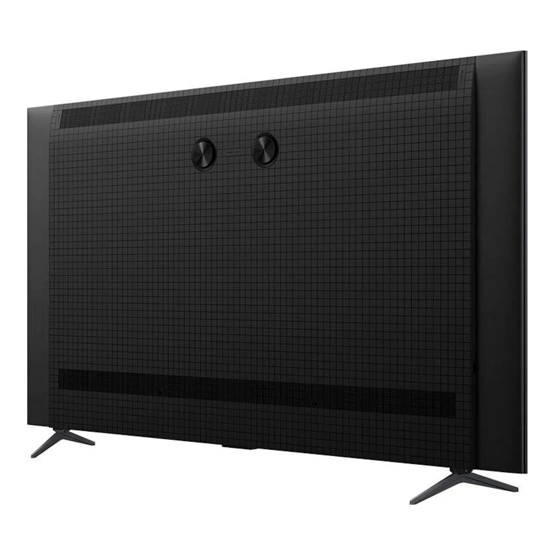 TV TCL 85C6K MiniLED 4K de 85 pulgadas, vista trasera en ángulo, negra, con dos patas laterales.