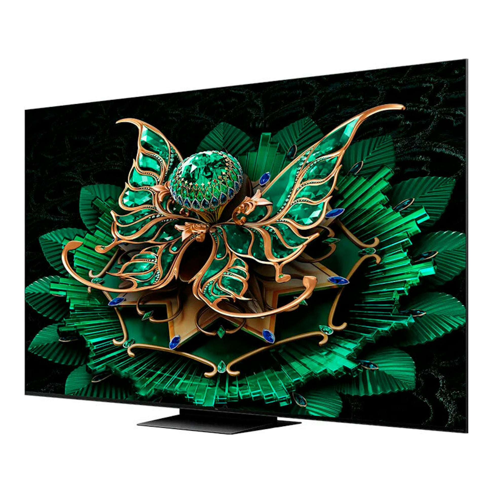 TV TCL 85C7K MiniLED 4K de 85", vista en ángulo, pantalla negra con imagen abstracta verde y dorada, base central.