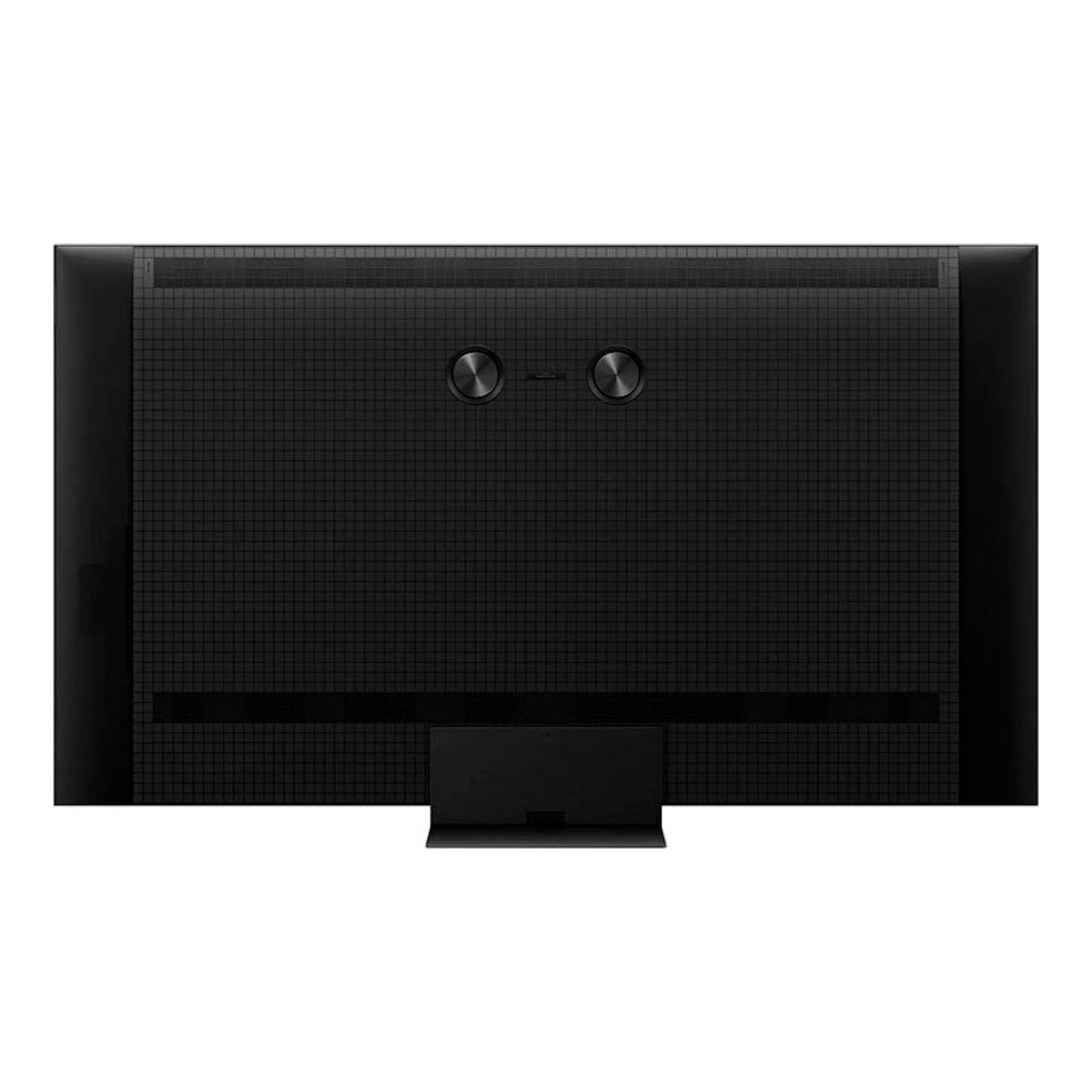 TV TCL 85C7K MiniLED 4K de 85 pulgadas, vista trasera, negra, con soporte central.