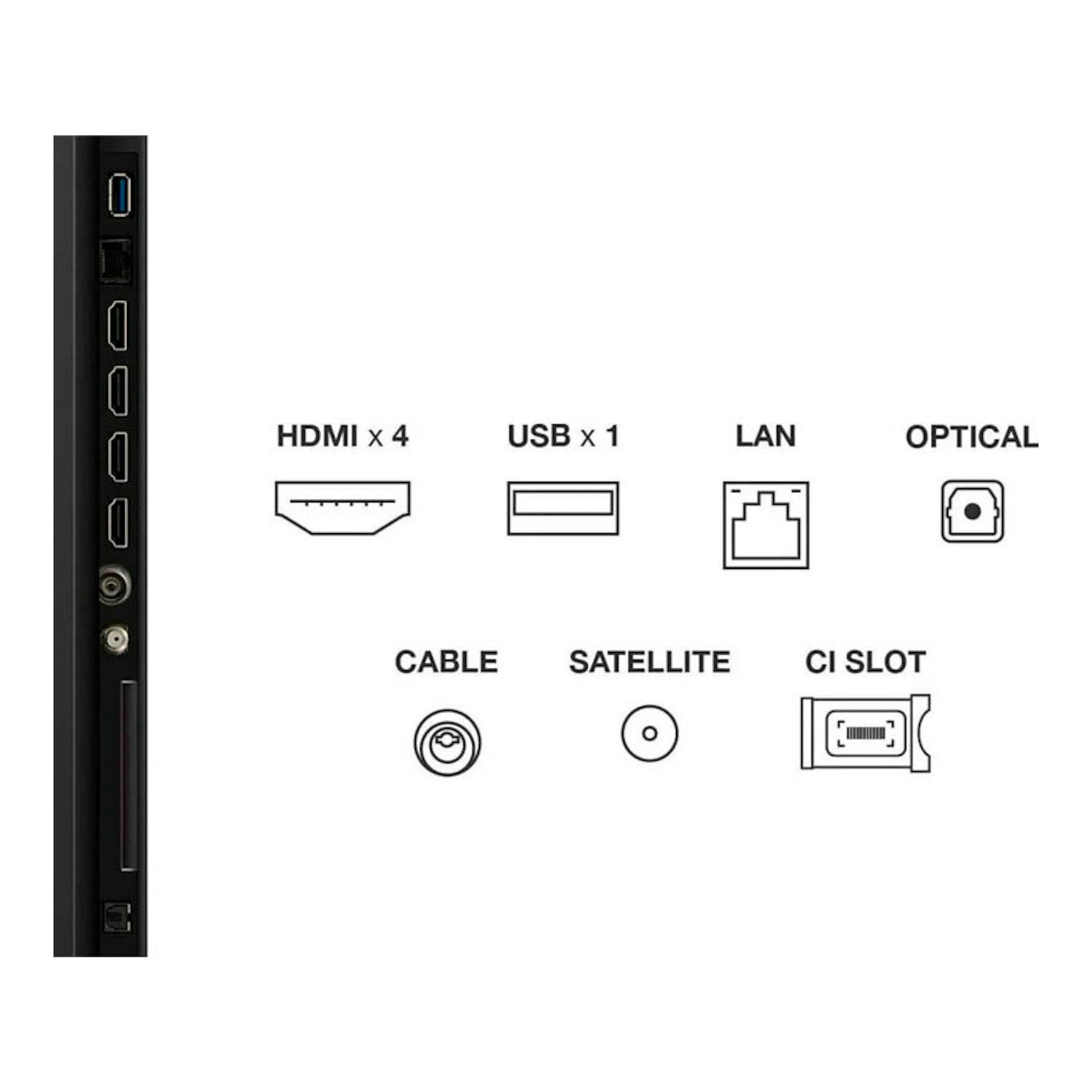 Vista lateral trasera de TV TCL 85C7K con 4 HDMI, USB, LAN, óptico, cable, satélite y ranura CI.