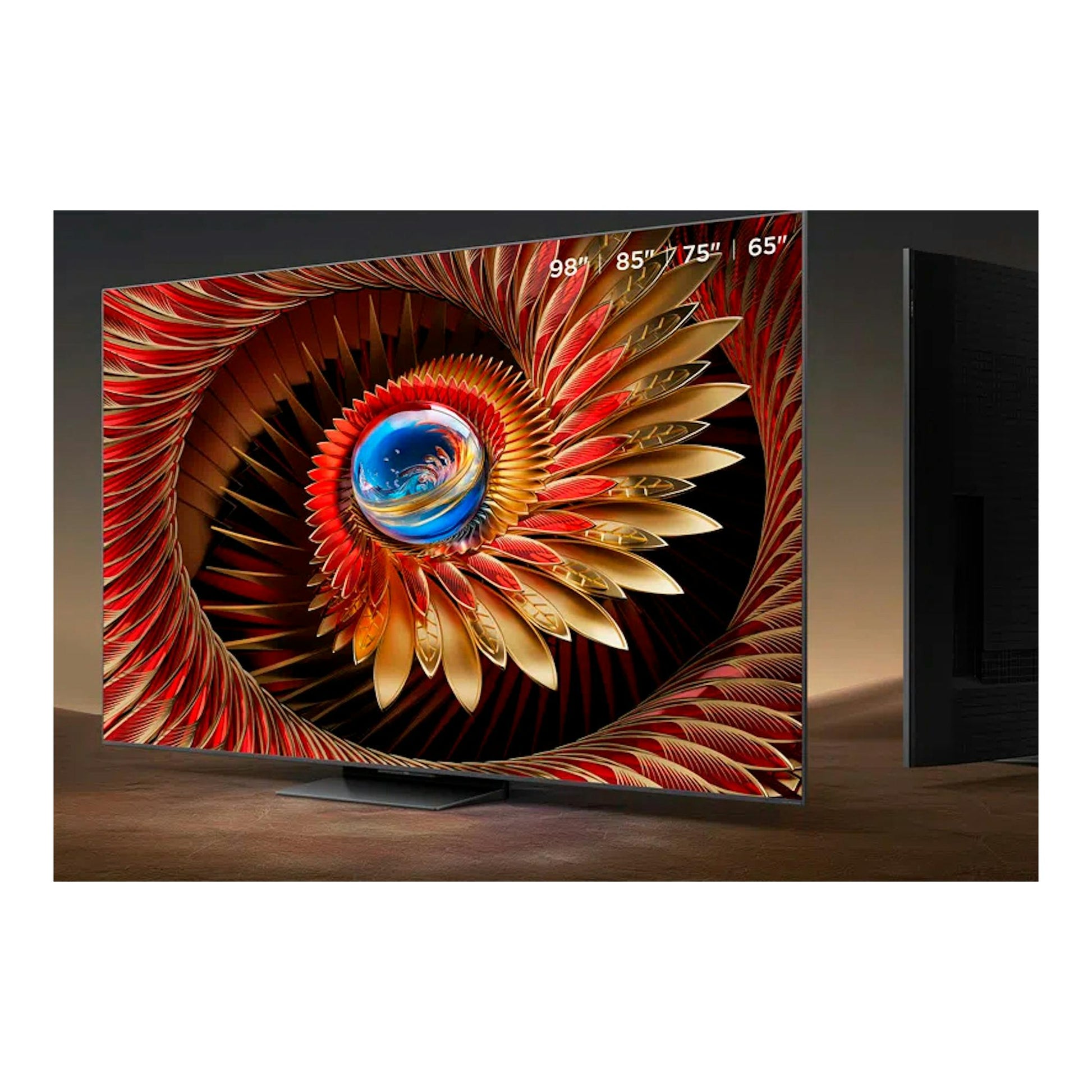 Televisor TCL 85C8K MiniLED 4K de 85 pulgadas, vista frontal inclinada, con pantalla de fondo rojo y dorado.