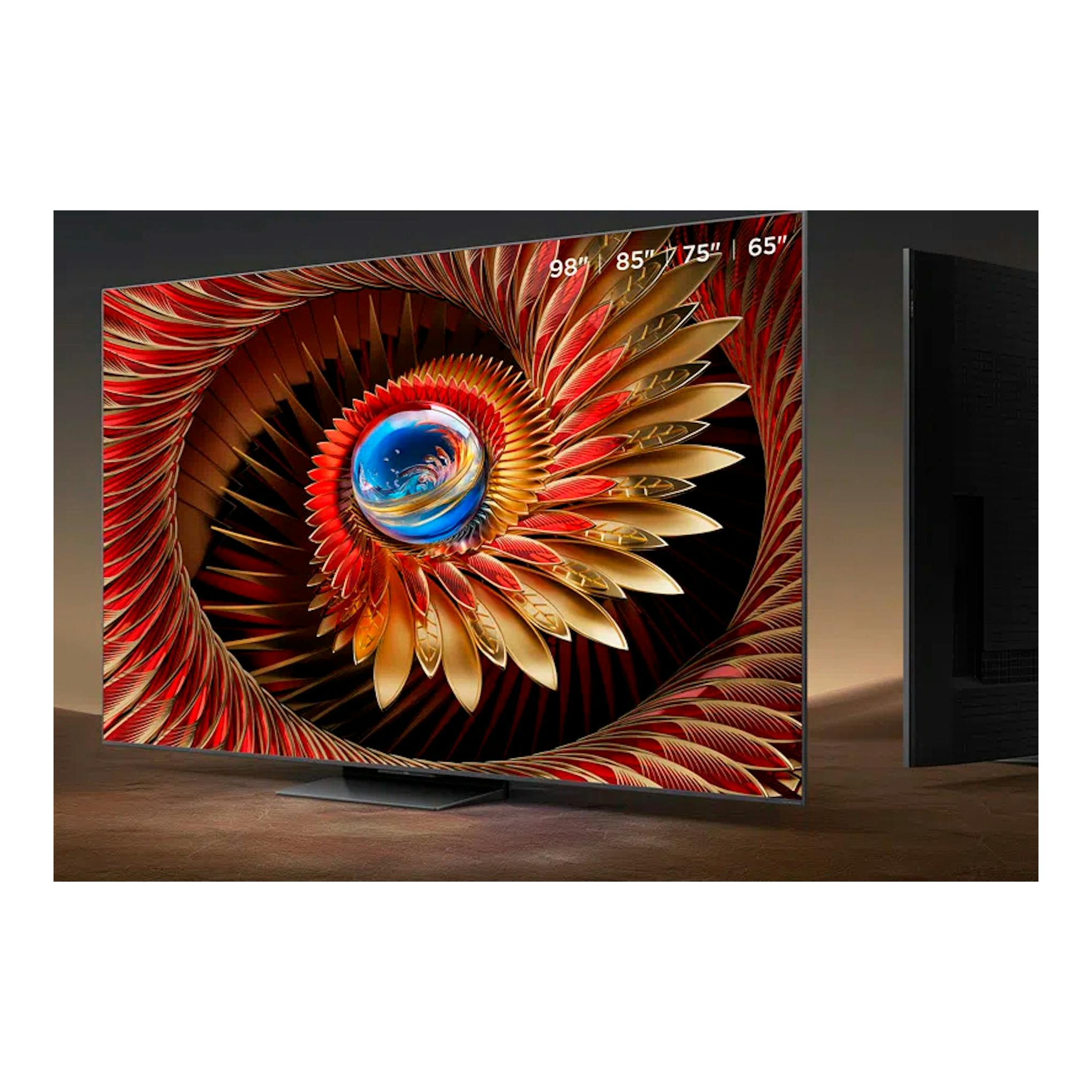 Televisor TCL 85C8K MiniLED 4K de 85 pulgadas, vista frontal inclinada, con pantalla de fondo rojo y dorado.