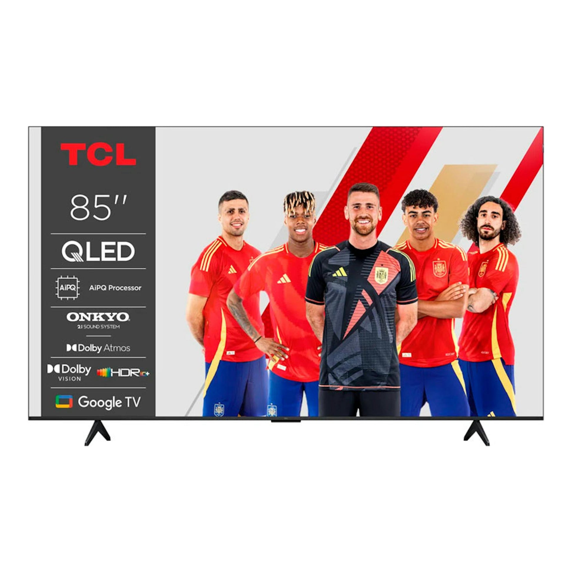 TV TCL 85P7K QLED 4K de 85", vista frontal, con cinco futbolistas en pantalla y patas negras.